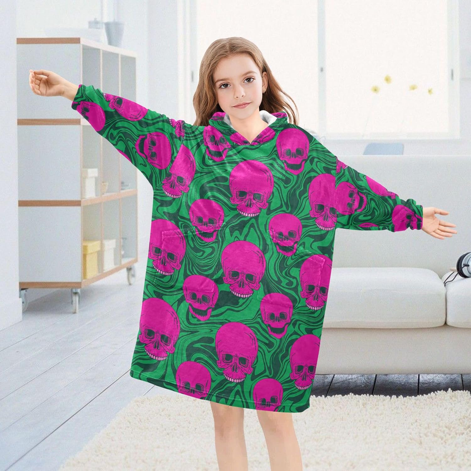 Skull Kids Wearable Blanket Hoodie with Pocket and Sleeves for Toddlers, Cute Hoodies 3-14 Year Girls Boys B0405390