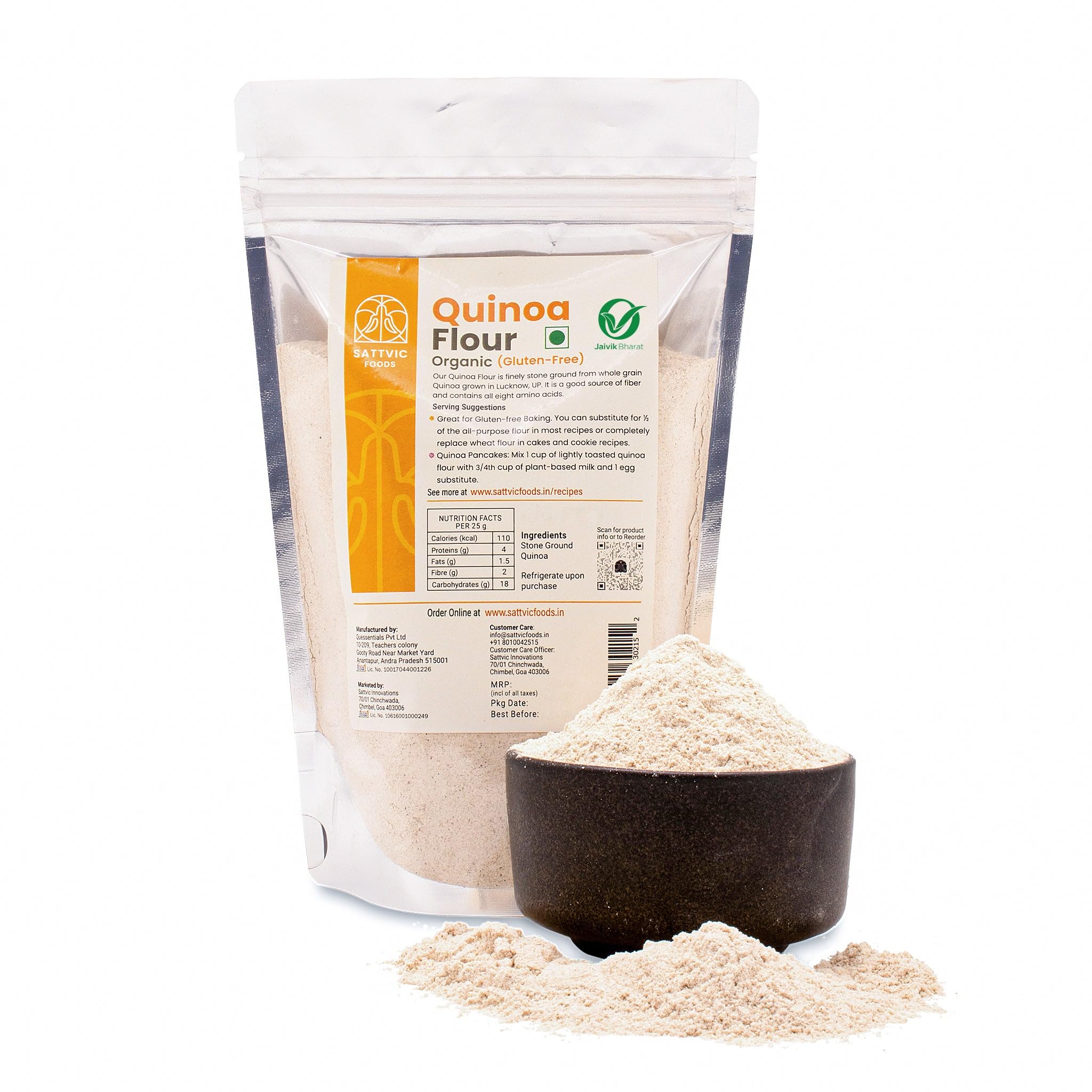 Sattvic Foods Quinoa Flour (1.5 kg) | Certified Organic, Stone Ground, Gluten-Free & Triple-Washed Quinoa | Complete Protein with 9 Essential Amino Acids | Ideal for Parathas, Baking, Pancakes