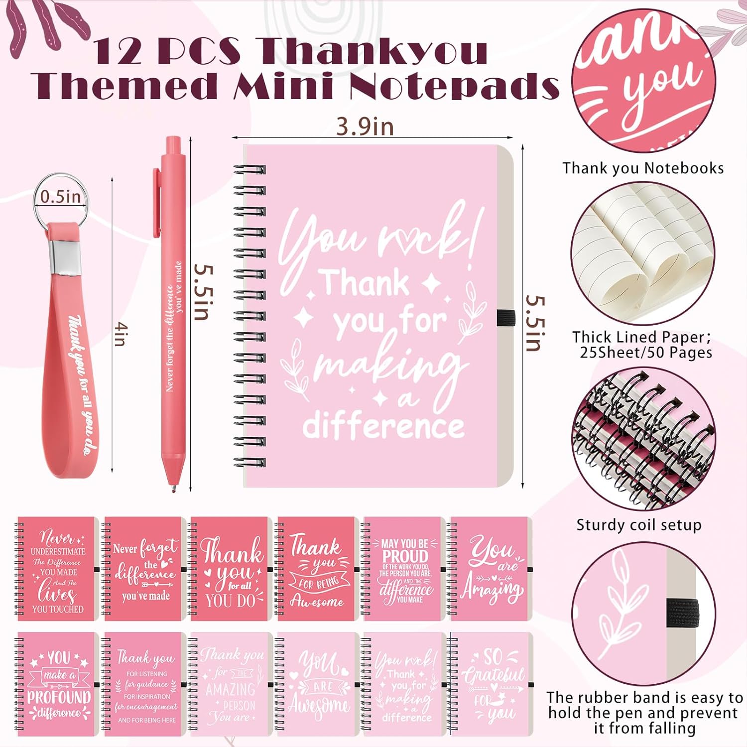 Skylety 12 Set/ 48 Pcs Employee Appreciation Gifts Bulk Thank You Valentines Gifts Set 16 oz Coffee Cups with Notebook Pen Keychain Galentines Party Favors for Staff Team Coworker (Pink Gradient) - Image 3