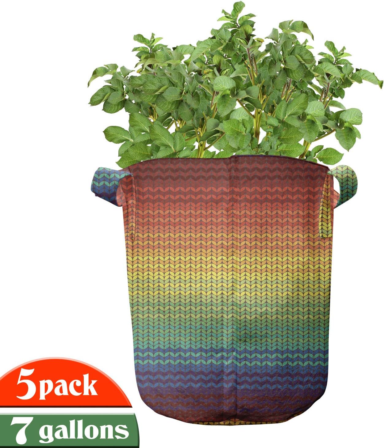Lunarable Striped Grow Bags 5-Pack, Mexican Knitting Pattern, Heavyduty Fabric Pots with Handles for Plants, 7 Gallon, Multicolor