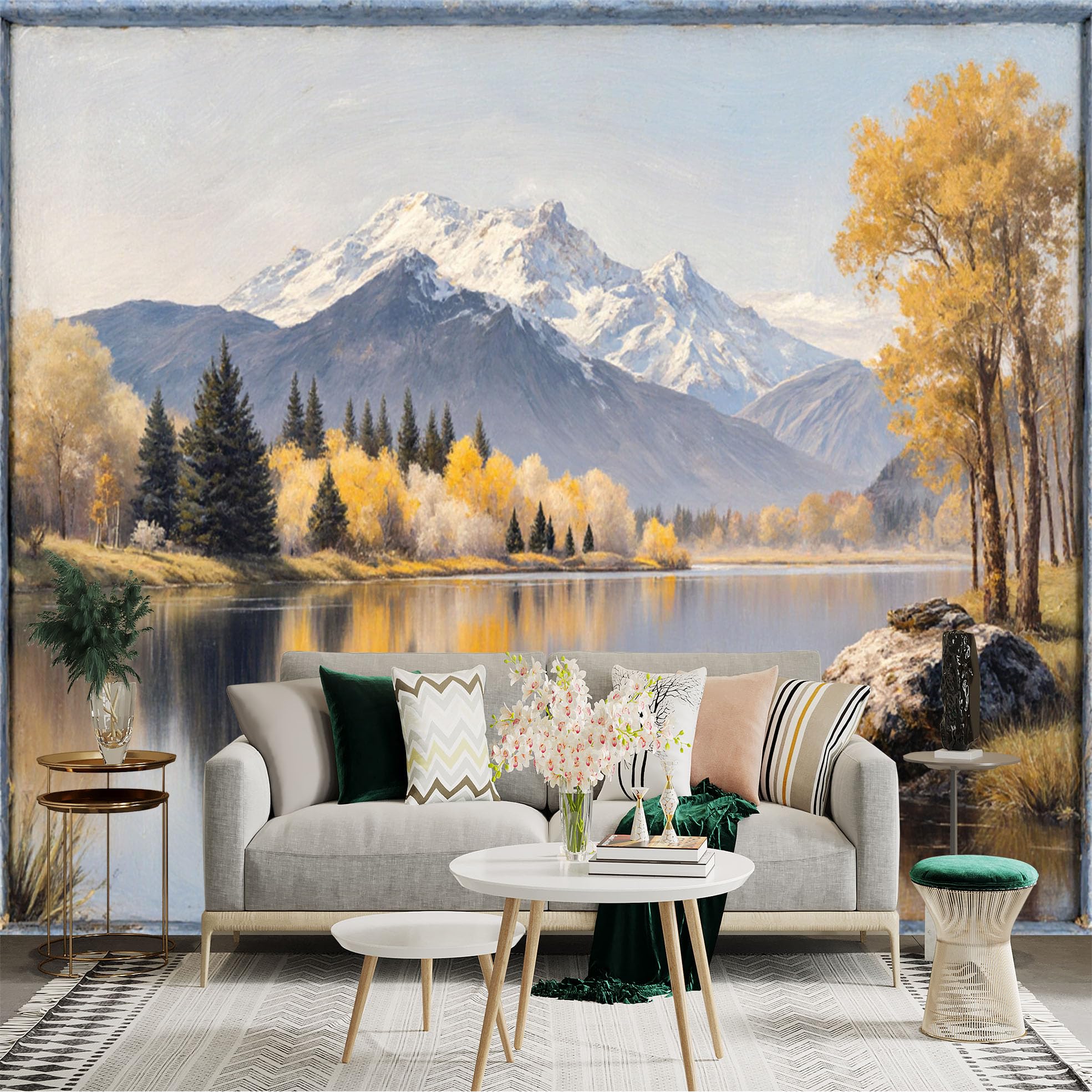Custom Size Wall Sticker Mural， Snowy Mountain Peak， Golden Autumn Forest， Serene Lakeside Scenery， Oil Painting Style Landscape， for wall Decoration， peelandstick wall Decals.
