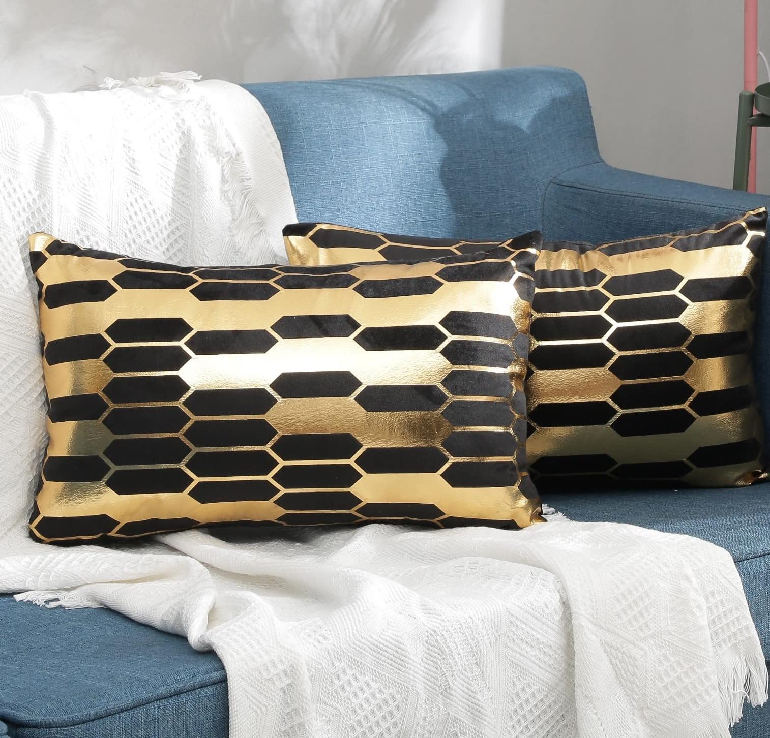 ZLINA 2 Packs Velvet Black Lumbar Throw Pillow Covers Gold Geometric