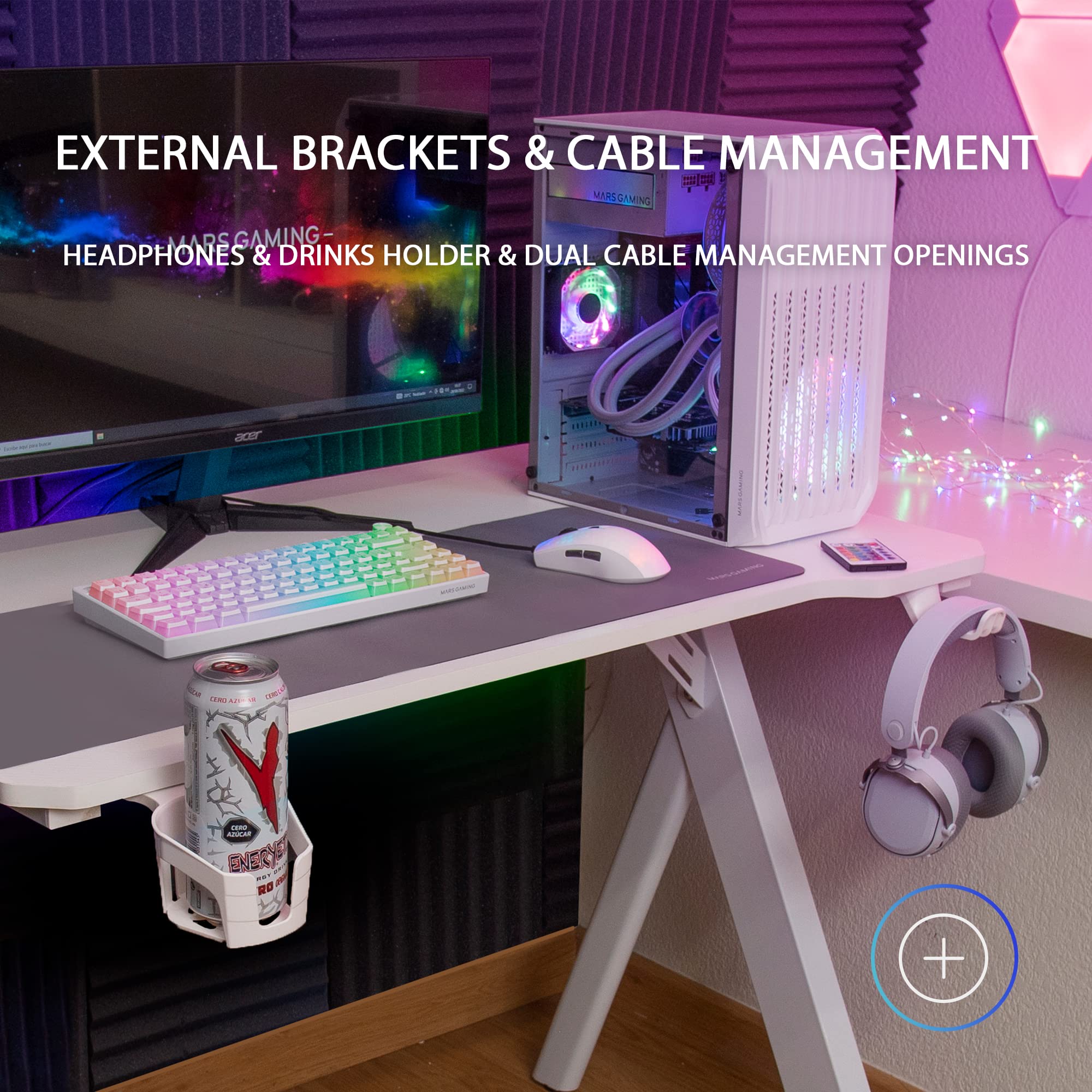 Mars Gaming MGD100RGBW MGD100RGB, Stół Gamingowy RGB, Podkładka Pod Mysz XXL, Podstawka pod Słuchawki + Butelka, 100x60cm, Biały, One Size