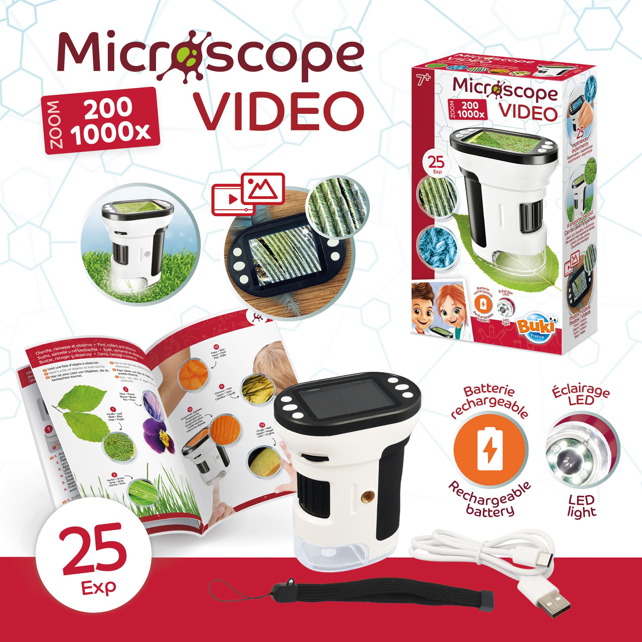Microscopio video 200X a 1000X per bambini – Display 5 cm – LED integrato – Foto & Video – 25 esperienze incluse – Batteria ricaricabile USB – dai 7 anni – MR350 – BUKI France