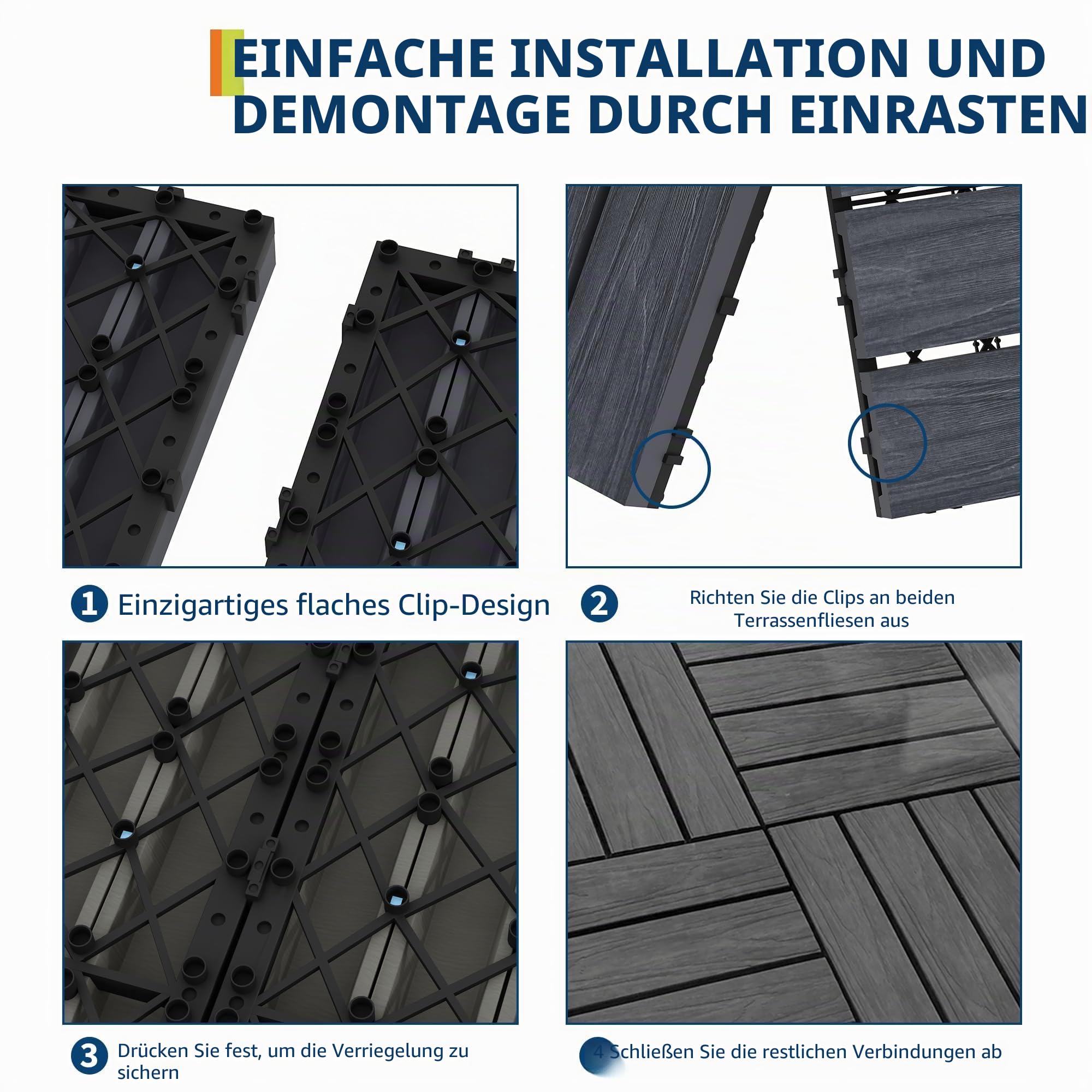 Wetterfeste WPC Klickfliesen 30x30cm – Rutschfest & wasserdicht – Einfache Montage – Für Balkon, Terrasse, Garten, Pool, Gewächshaus – Holzoptik Grau – 27er Set