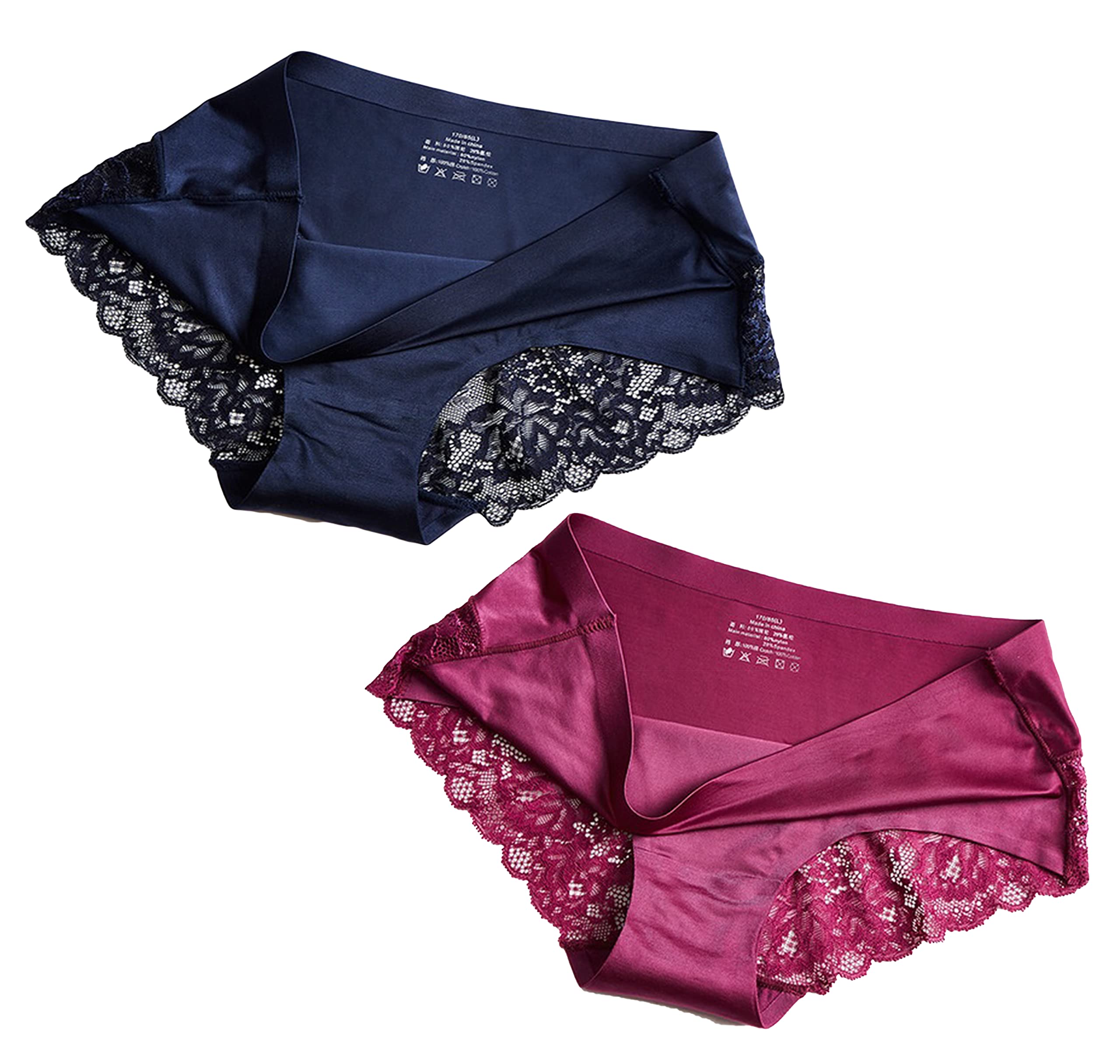 Women's Briefs Underwear Seamless Ladies Lingerie with Lace Solid Color Sexy Thong Panties Cotton Crotch Soft Lace Women Underwear Panties (Set 1 (Magenta, Blue), L)