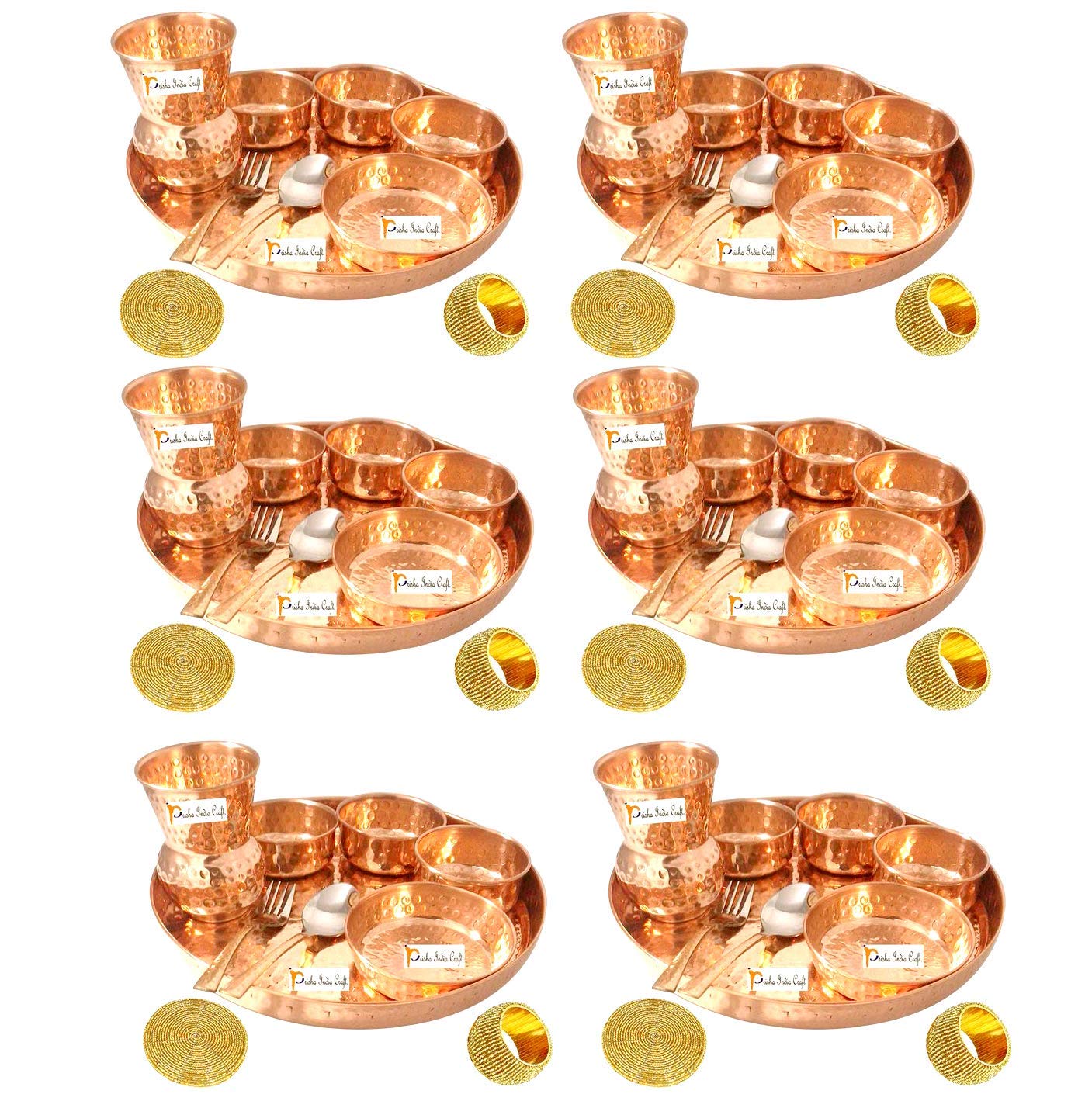 Set of 6 Prisha India Craft ® Indian Dinnerware Pure Copper Thali Set Dia 12" Traditional Dinner Set of Plate, Bowl, Spoons, Glass with Napkin ring and Coaster