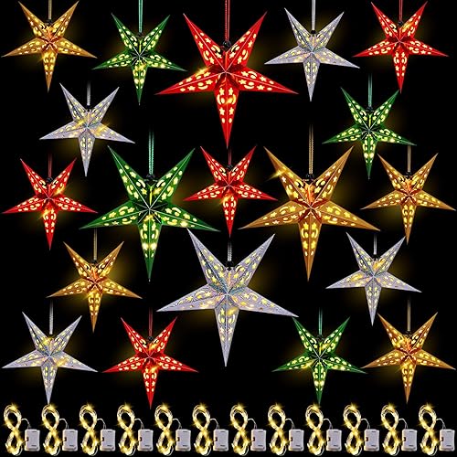 Hortsun Juego de 20 faroles de papel de Navidad con forma de estrella, 2 tamaños, 17.7 pulgadas, 11.8 pulgadas, adornos colgantes de Navidad,