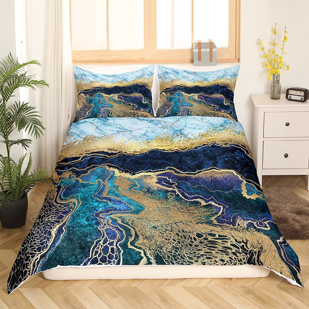 Set di biancheria da letto per ragazze e ragazzi e bambini, set di biancheria da letto singolo con copripiumino decorativo in marmo blu viola bianco e bianco con glitter argento lucido per