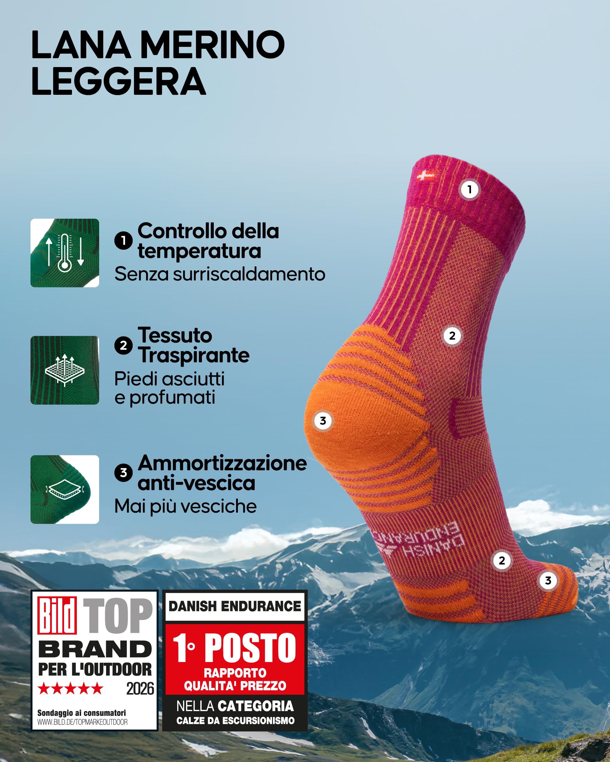 DANISH ENDURANCE Calze Trekking Leggere in Lana Merino, Anti-Vesciche, Traspiranti, da Uomo, Donna, Bambino, 3 Paia
