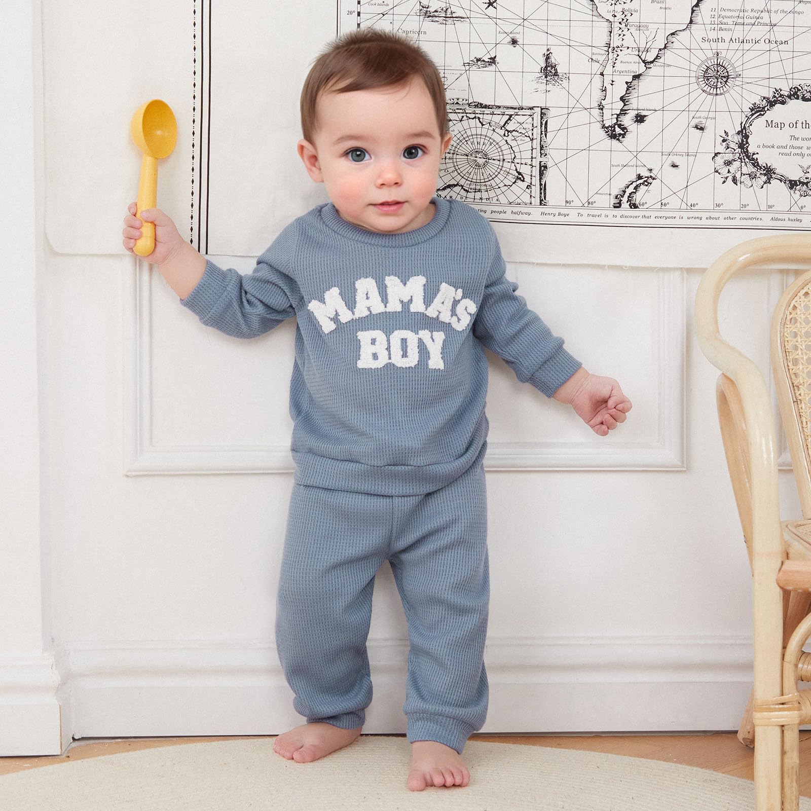 NZNDSHD Toddler Boy Clothes Little Dude Baby Boy Outfit Mamas Boy Little Bro Embroidered Sweatshirt Waffle Knit Pants Set (Blue Mamas Boy, 0-6 Months)
