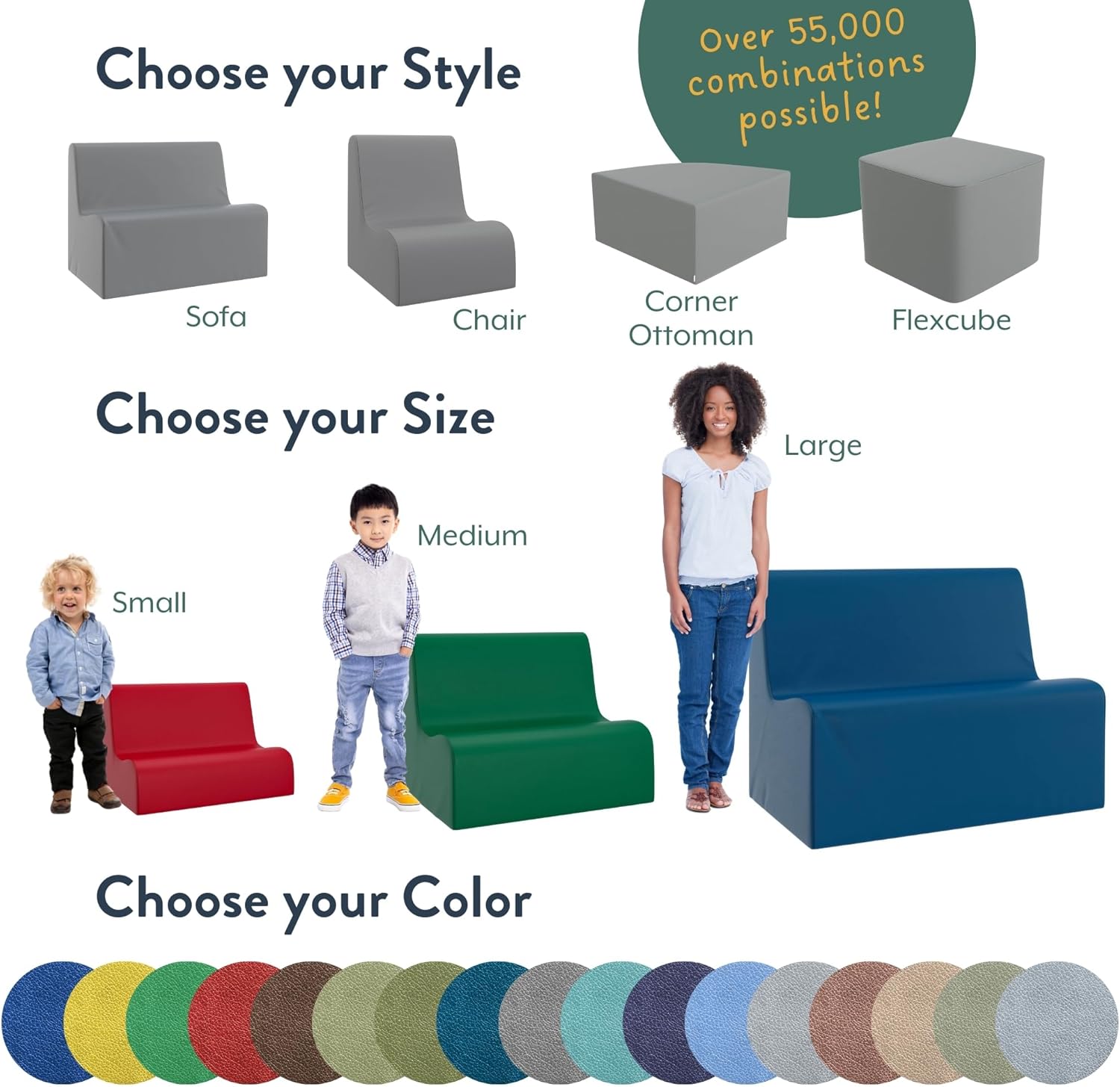 Children's Factory Medium Contour Sofa, Mix-and-Match Kids Chairs, Sofas, Corner Ottomans and Cubes, Foam-Filled and Water-Resistant, Flexible Seating for Classroom Elementary, Green Kids Couch