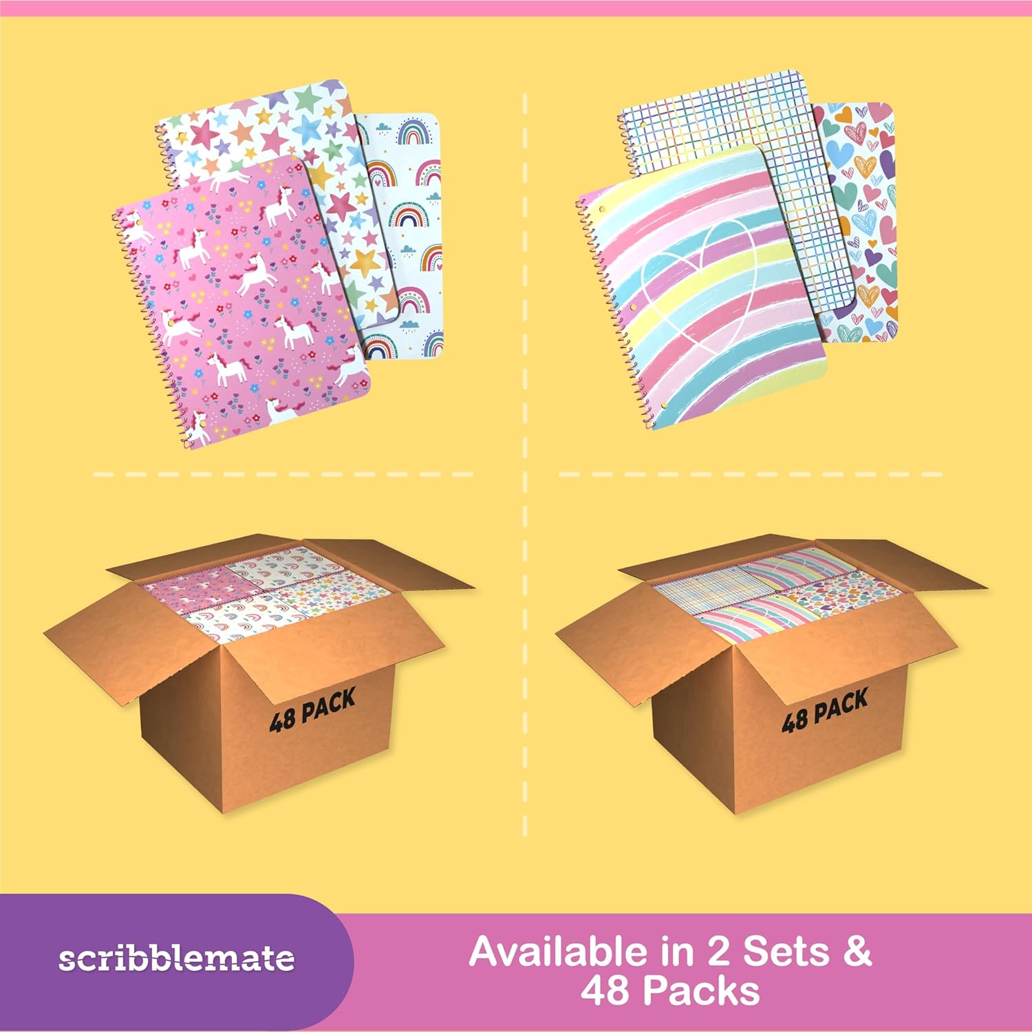 Wide Ruled Spiral Notebook, Adorable 1 Subject Notebooks for kids 100 Sheets/200 Pages, Perforated 3-Hole Punched Sheets with Interior Paper Pocket 8x10.5 Inch (12 Pack)