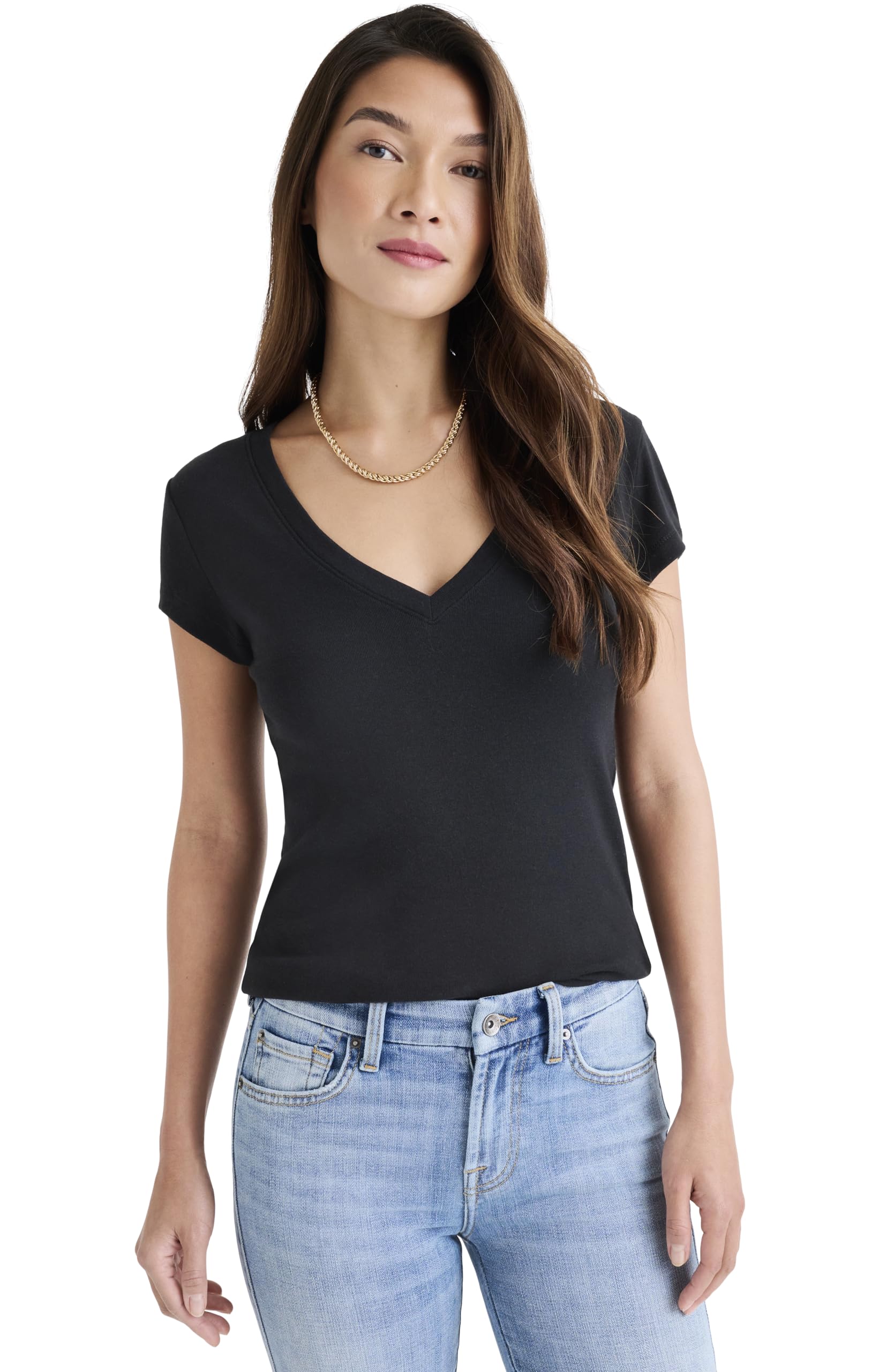 Splendid Women's Faye 1x1 V Neck Tee, Black, S