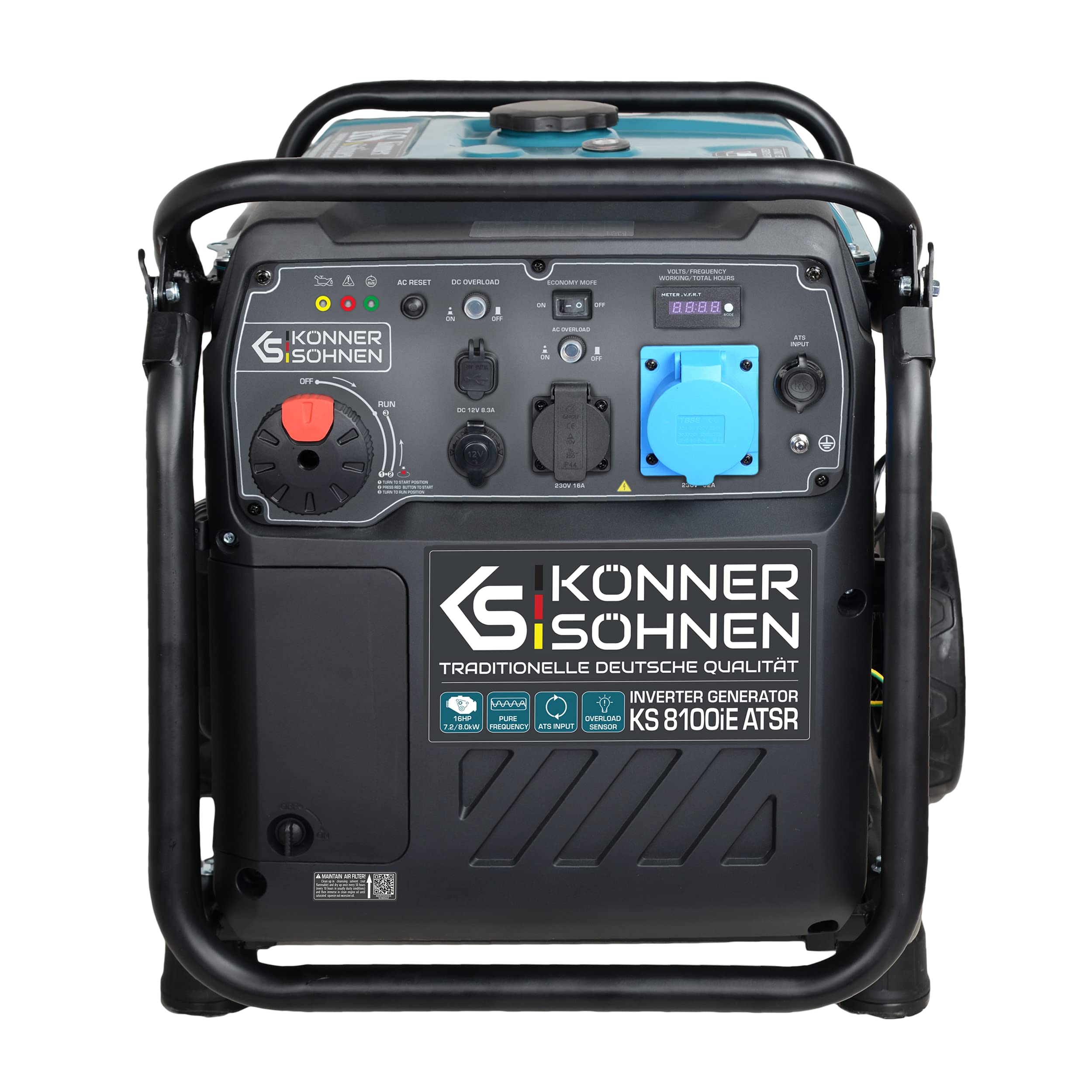 Générateur inverter Könner & Söhnen KS 8100iE ATSR, puissance max 8000 W, prises 1x16A (230V), 1х32A (230V), 2 ports USB, possibilité de connecter unité ATS, affichage LED, economy mode, onduleur.