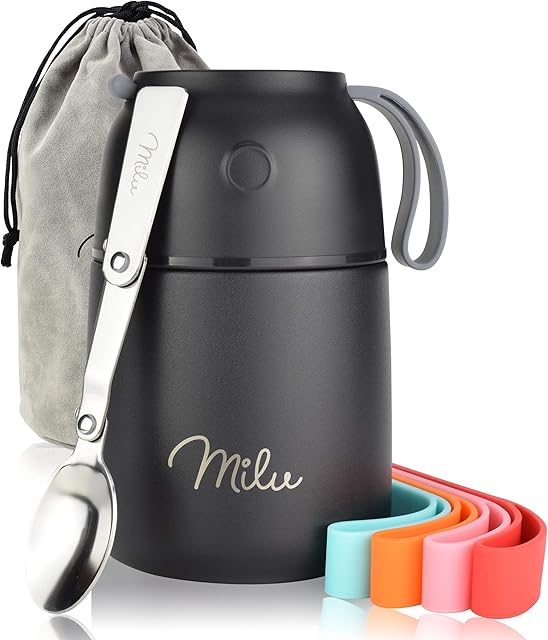 Milu® Thermo Food Flask - 450, 650, 800ml - Stainless Steel insulated Container - Lunchbox - Jar with Spoon for hot and cold food (Black, 450ml)