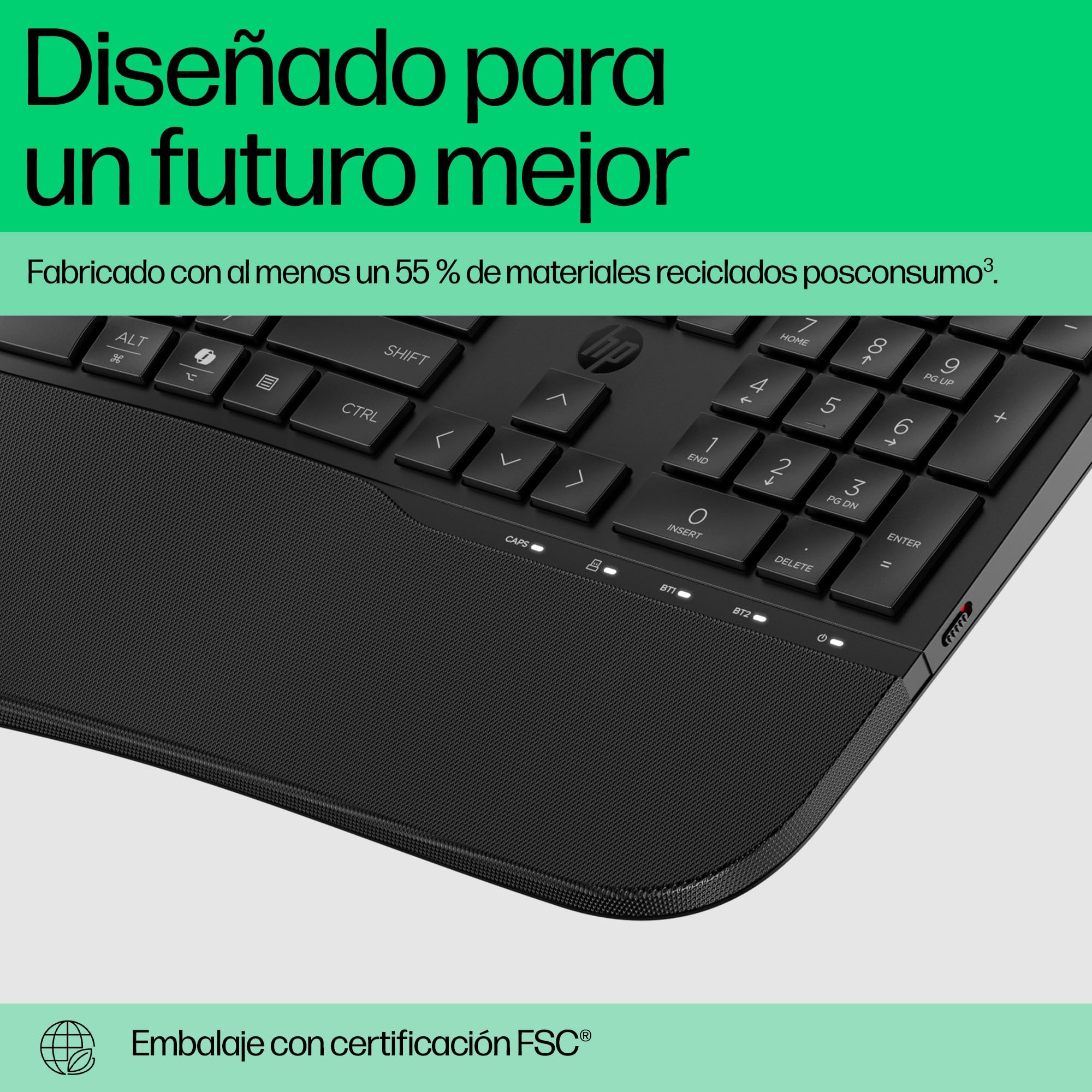 HP 680 Teclado QWERTY Español inalámbrico Dual, Ángulos de Escritura Ajustables, Teclas programables, Conectividad Segura, Diseño Compacto en Forma de Onda, Reposamanos Acolchado, Color Negro