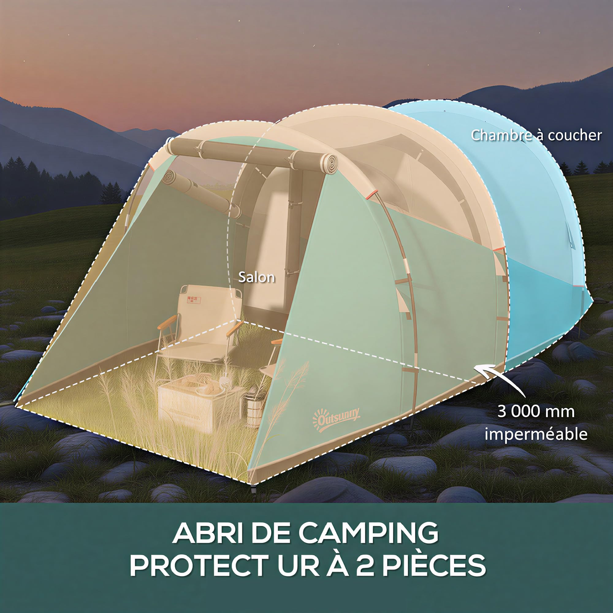 Outsunny Tente de Camping Familiale 3 Personnes 4,6 x 2,6 x 1,9 m Bleu | Tente Tunnel Imperméable 3 000 mm, Ventilée, 2 Portes et Fenêtres, Montage Facile