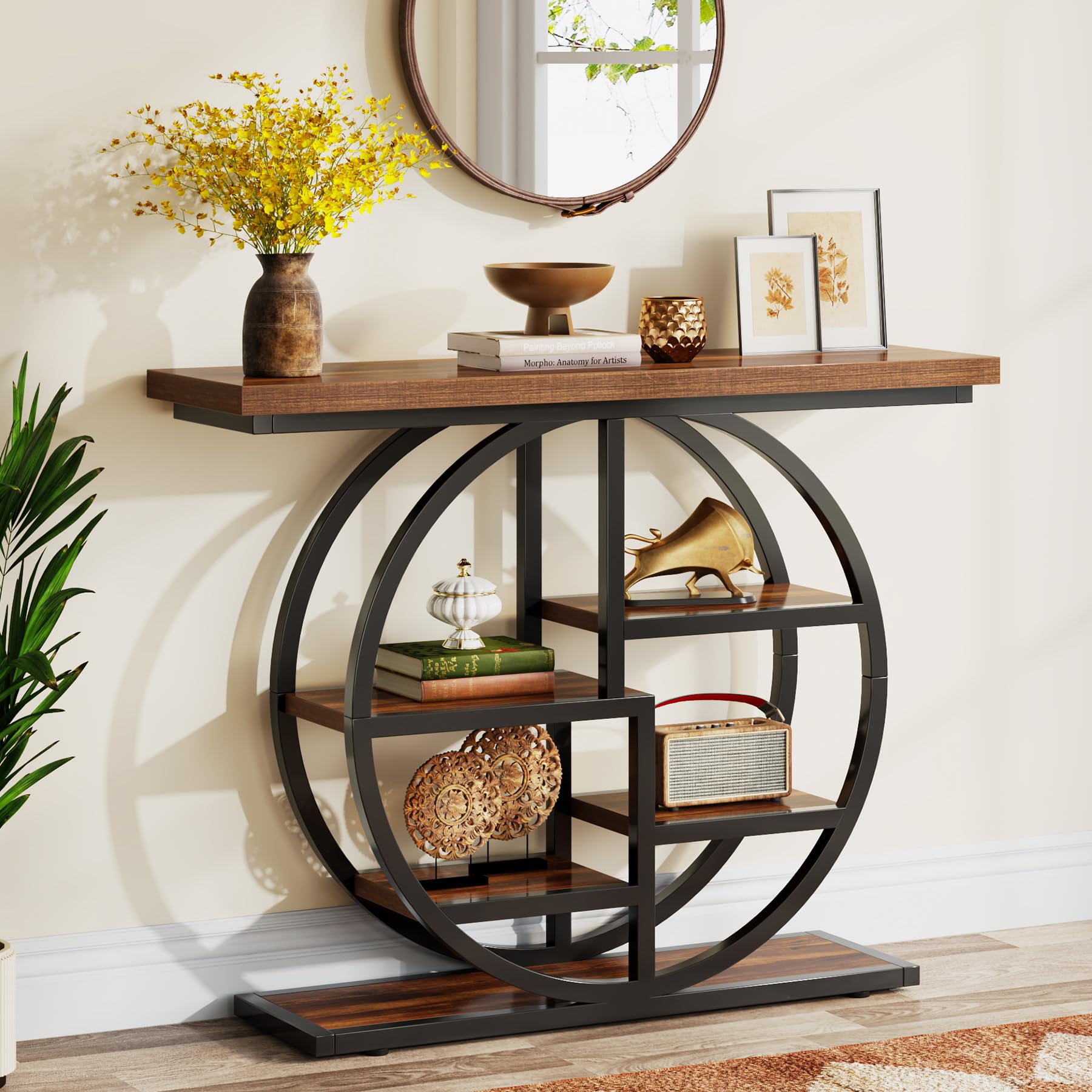 Console Table, 105 cm Industrial 6-Tier Sofa Table Entryway Table with Circle Base, Narrow Wood Accent Tables with Storage Shelves for Living Room, Hallway, Foyer, Rustic Brown
