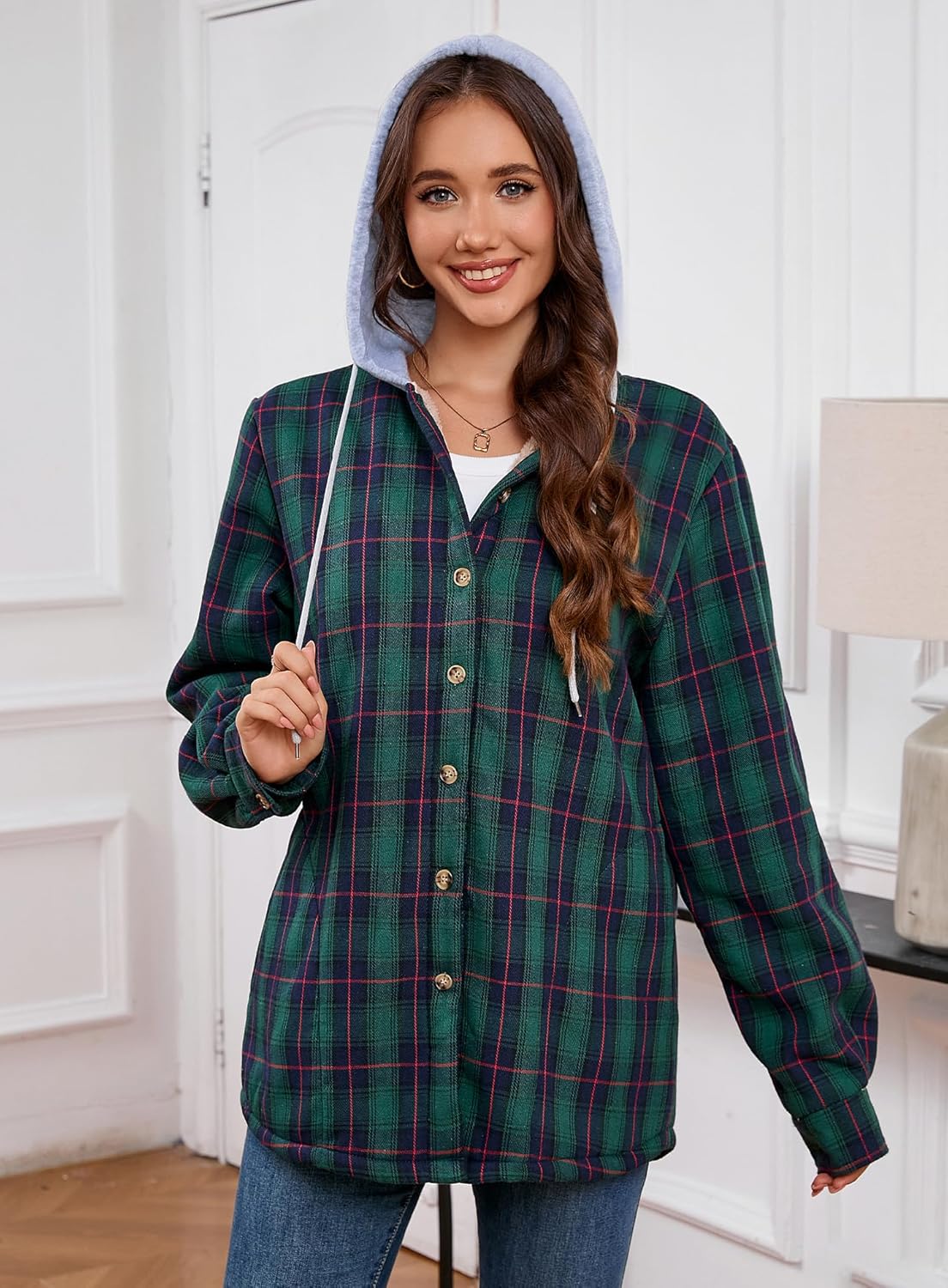 Women's Sherpa Lined Flannel Shirt Jacket Cotton Plaid Fleece Button Down Jackets with Hood for Women - Image 5