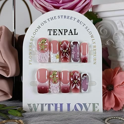 TENPAL Handmade Press on Nails Medium Coffin-Nude Pink Wine Ombre