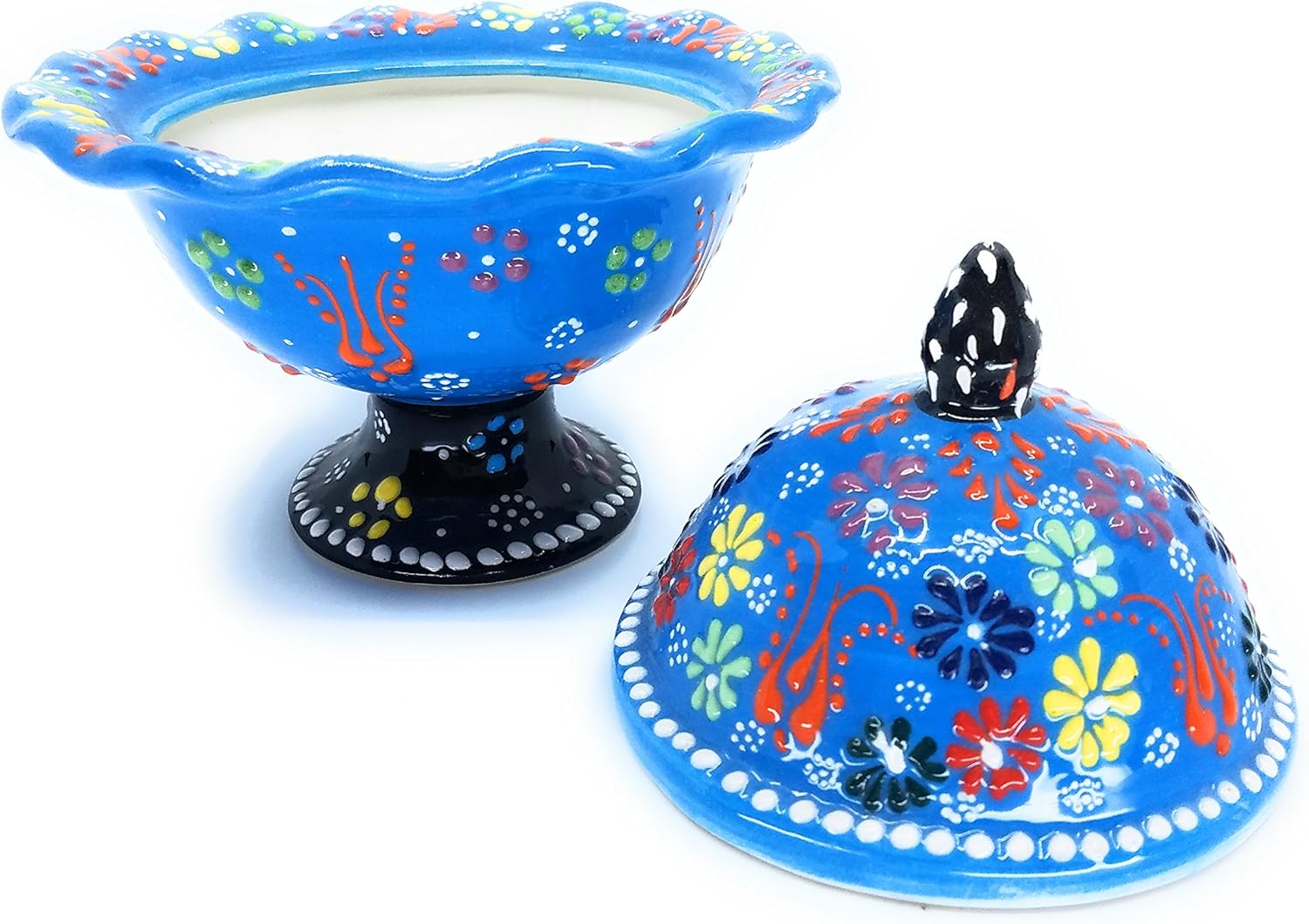 Handmade Turkish Traditional Ceramic Pottery Covered Candy Dish or Server (Blue)