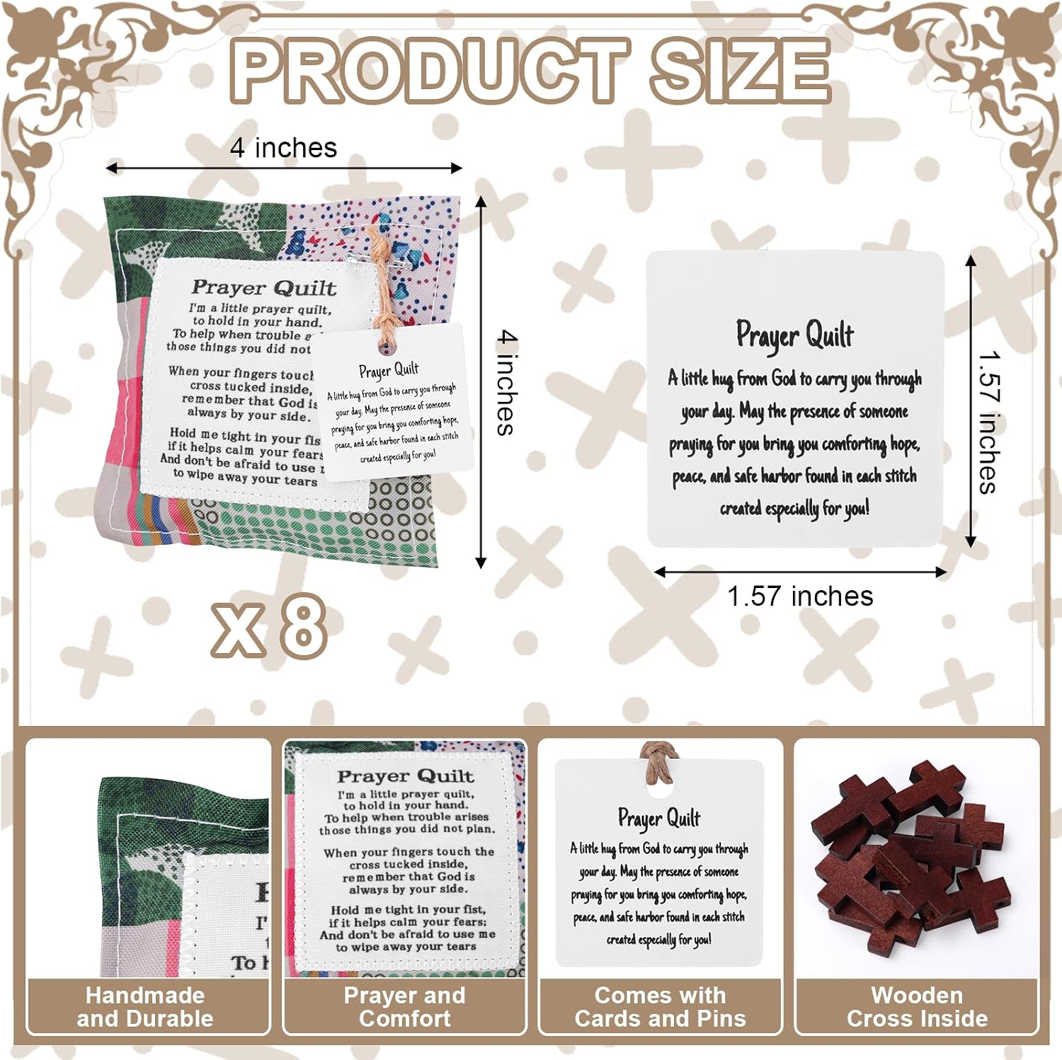 8 Pieces Mini Prayer Quilt with Cross Inside Pocket Prayer Quilts Squares Poem Patches Handmade Scripture Prayer Cloths for Religious Pastor Church Christmas Appreciation Gifts (8 PCS)