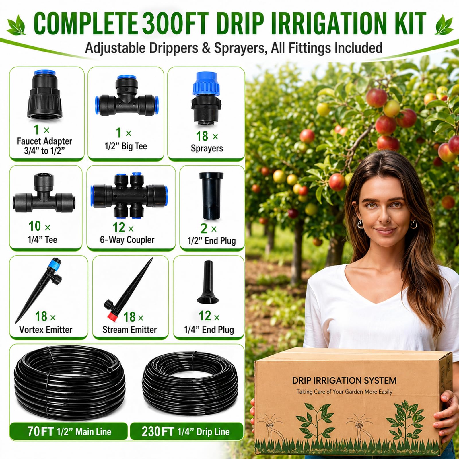 DANGZW Kit di irrigazione a goccia da 100 m, sistema di irrigazione automatica da giardino con tubi da 1,27 m e 60 m da 6,3 cm, spruzzatori regolabili per aiuole rialzate, prato, serra