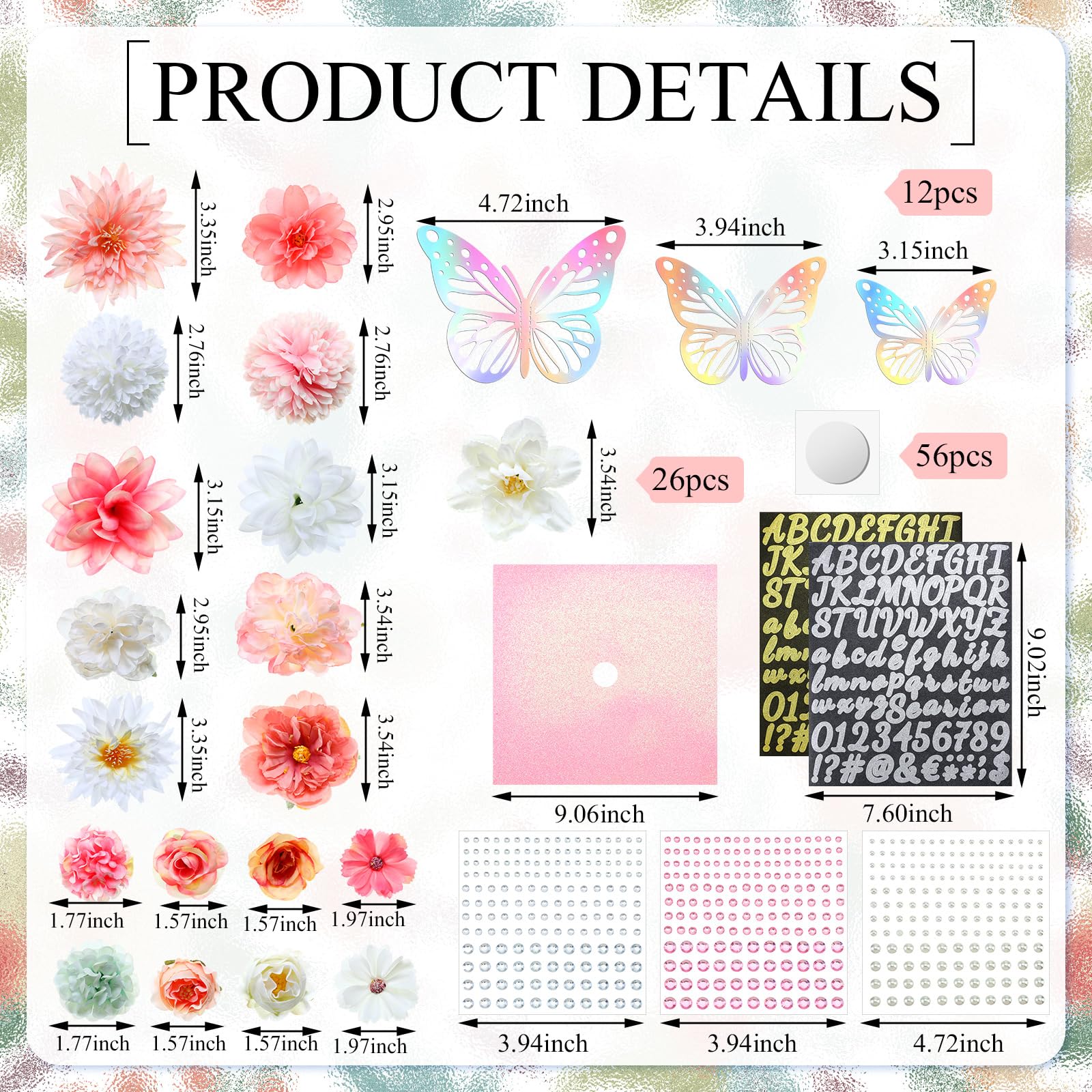 Wavwavw 44 piezas de decoración de gorra de graduación, kit de accesorios rosas con flores artificiales 3D, calcomanías de mariposa 3D, calcomanías de perlas de diamantes de imitación, calcomanías de