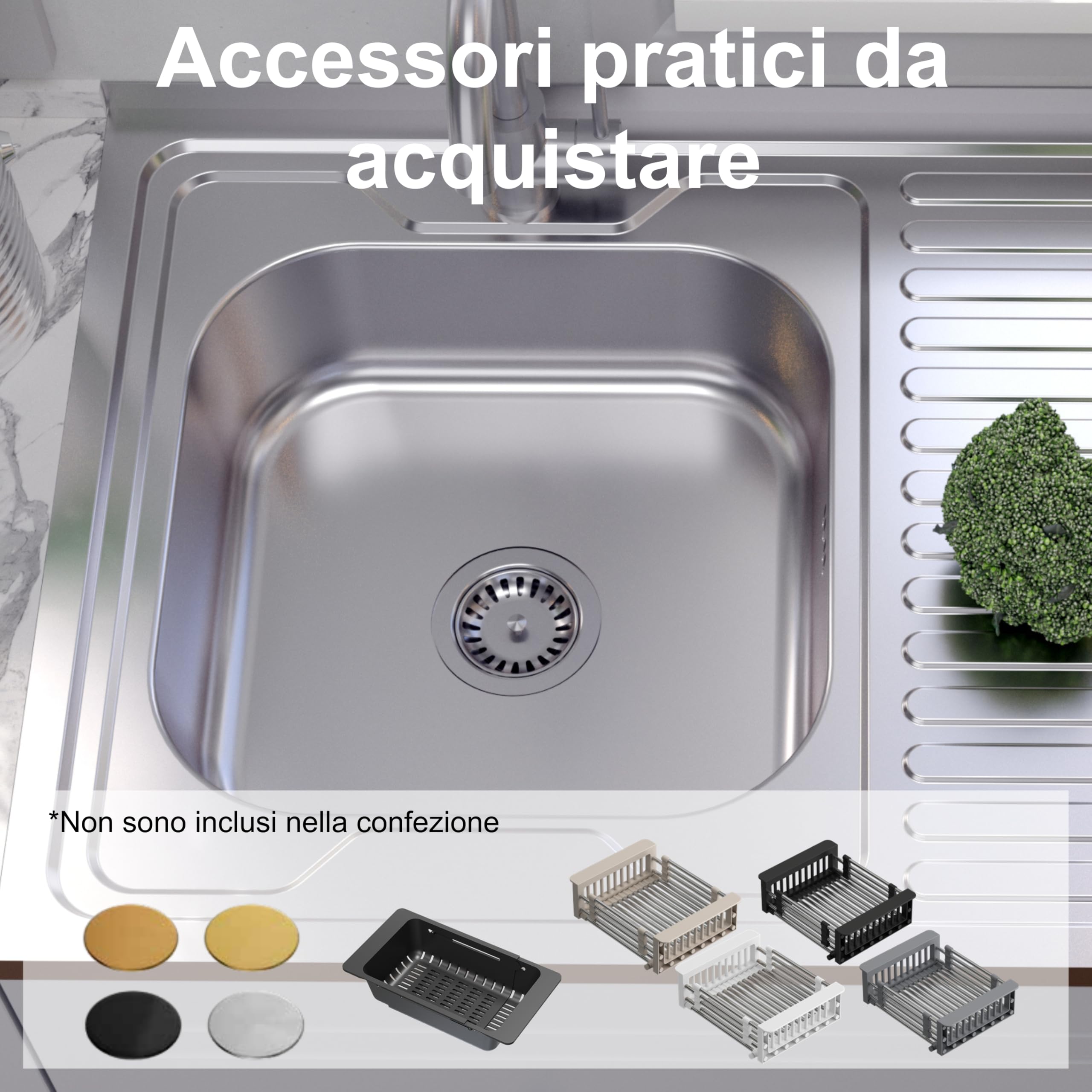 QUADRON Lavello in acciaio inox | dimensione 80 cm colore: sinistro | ROBIN lavello da cucina | scarico incluso | lavello in acciaio inox adatto a mobile da 80 cm | sovrapposizione (SINISTRA)
