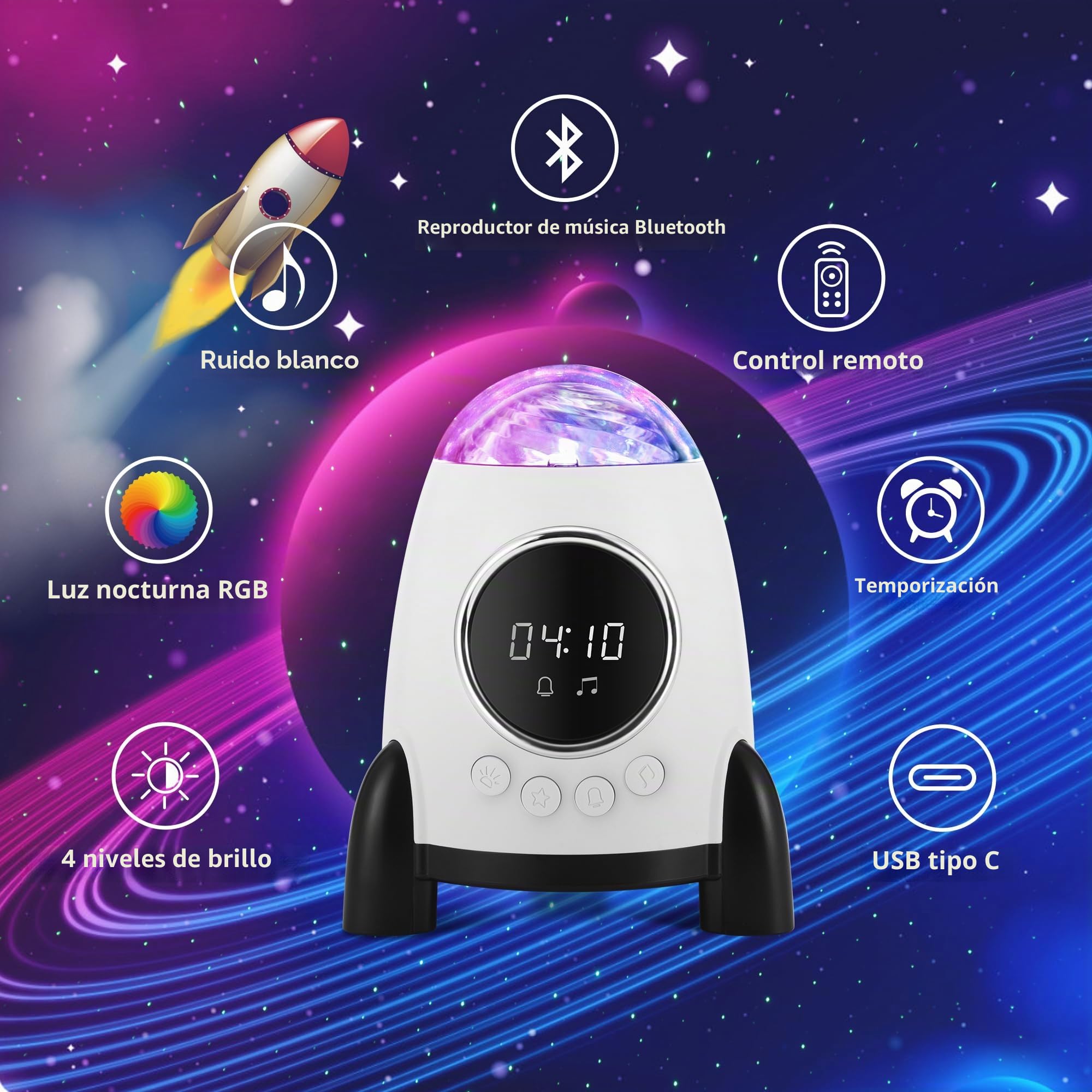 Proyector Star con Despertador, Altavoz Bluetooth y Proyector Aurora con Ruido Blanco para Dormitorio