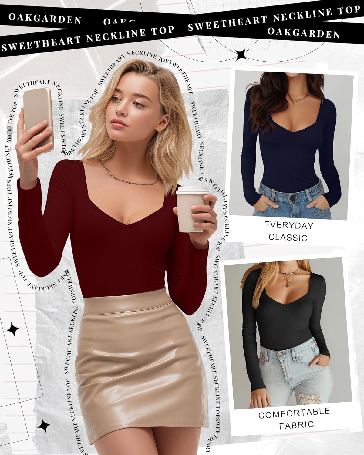 3 Pack Women's Long Sleeve Tops, Sweetheart Neck Knit Basic Shirts Slim Fit Casual Fall Going Out Tee - Image 4