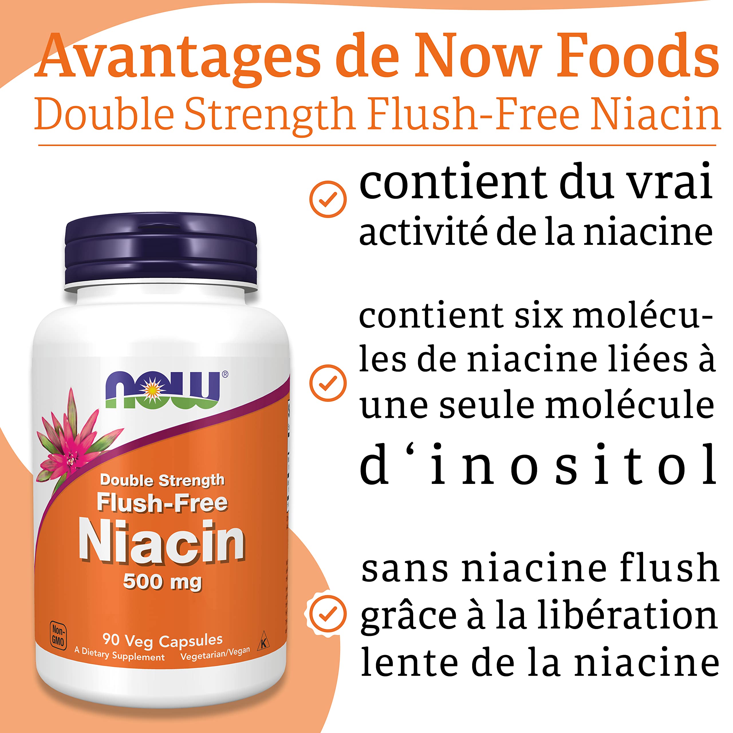 Now Foods, Niacine sans Effet de Flux, 500 mg, 90 Gélules végétaliennes, Testé en Laboratoire, Vitamine B3, Sans Soja, Sans Gluten, Végétarien