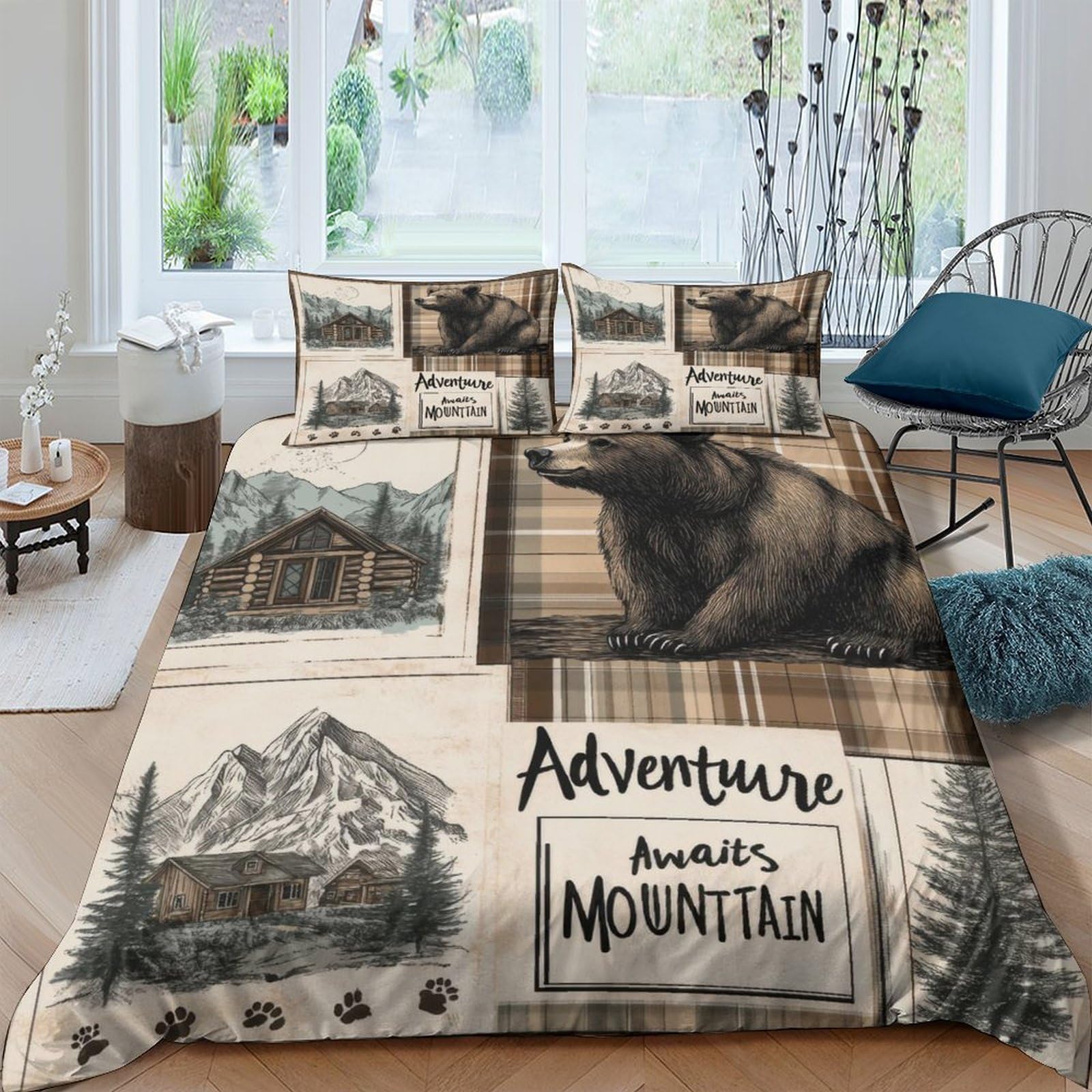 Ctjqhvkz Style-1 3D Printed Mountain Cabin Fitted Sheet Microfiber Nature Wolf Bed Cover For Bedroom Decor Mattress Protection Single（135X200cm）