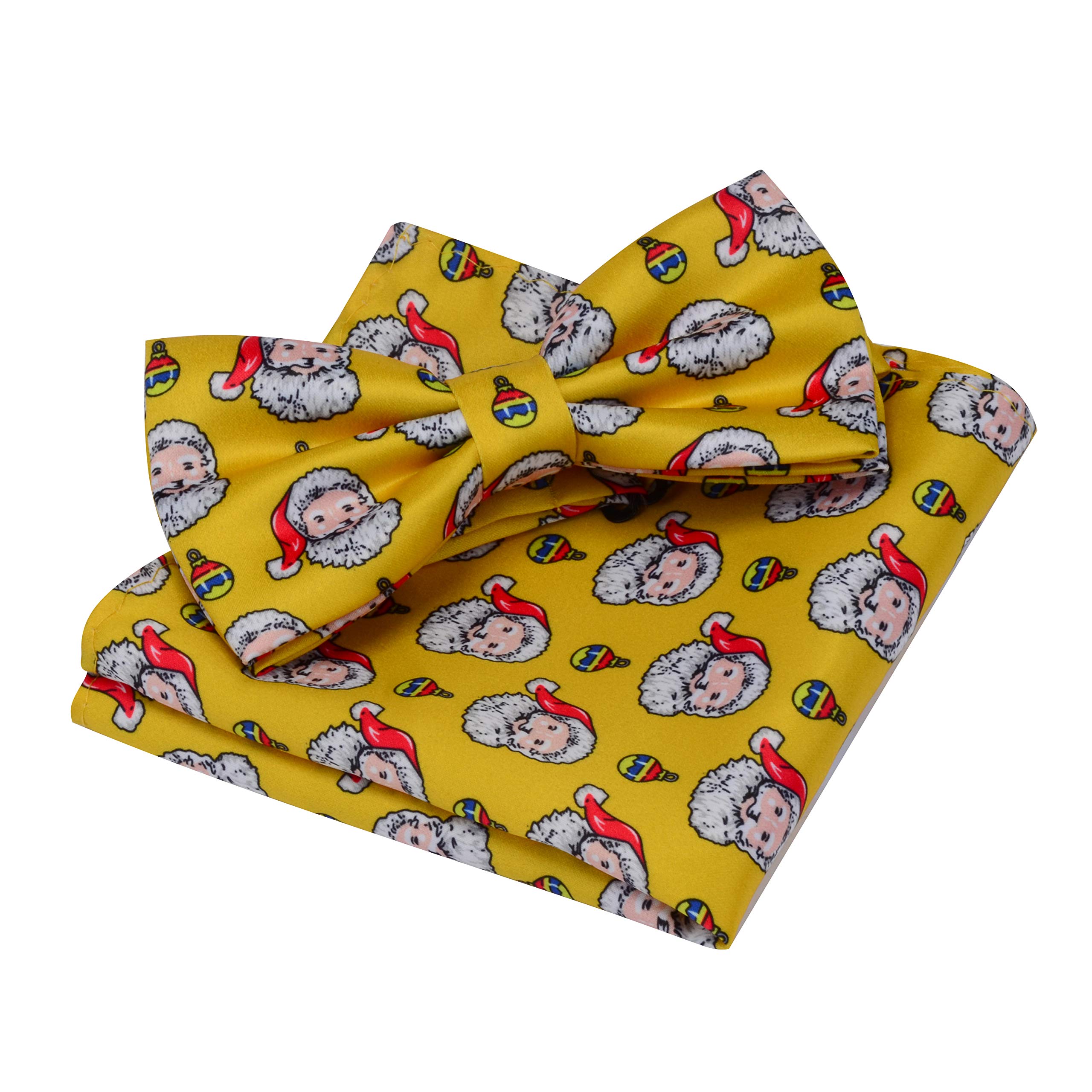 Gusleson Mens Yellow Christmas Bow tie Santa Claus Pre-tied Bowtie and Pocket Square Festival Gift Sets (UK0590-01)