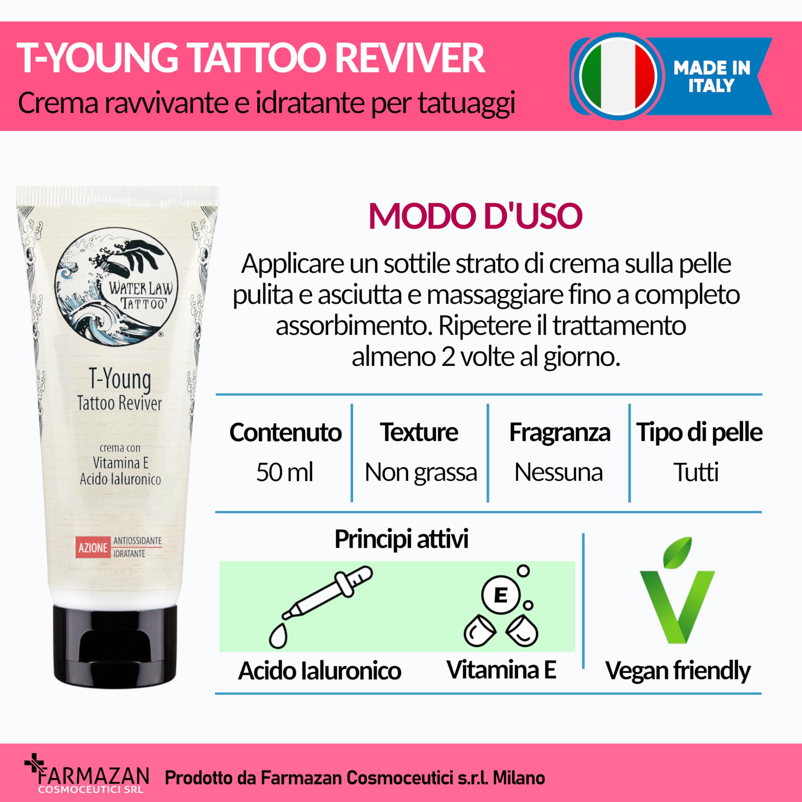 Water Law Tattoo - T-YOUNG TATTOO REVIVER - Nawilżający i rewitalizujący balsam do tatuażu - witamina E i kwas hialuronowy - 50 ml - Wyprodukowano we Włoszech
