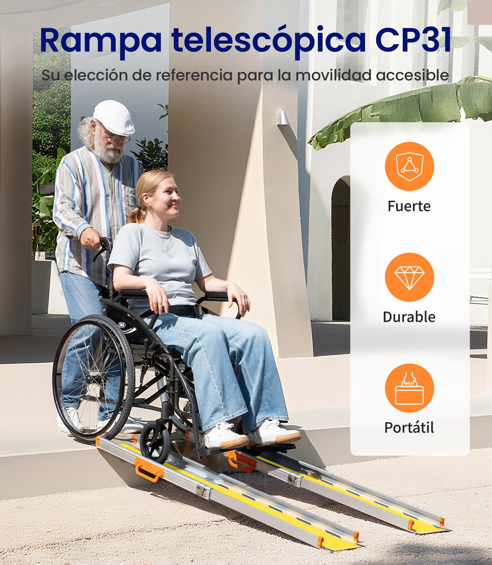 VOCIC CP31 Rampa para silla de ruedas para escaleras 92-152 cm, rampa para silla de ruedas portátil | Rampa telescópica plegable de aluminio para sillas de ruedas, solo 7 kg, rampa de carga hasta 300 kg, color amarillo