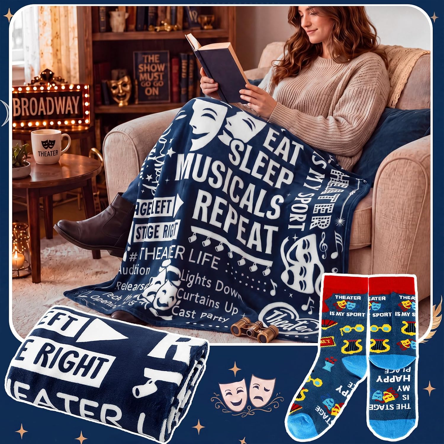 HunnmingRe 2 Pcs Theater Broadway Gifts Blankets and Socks Gifts 50"x 60" image 4