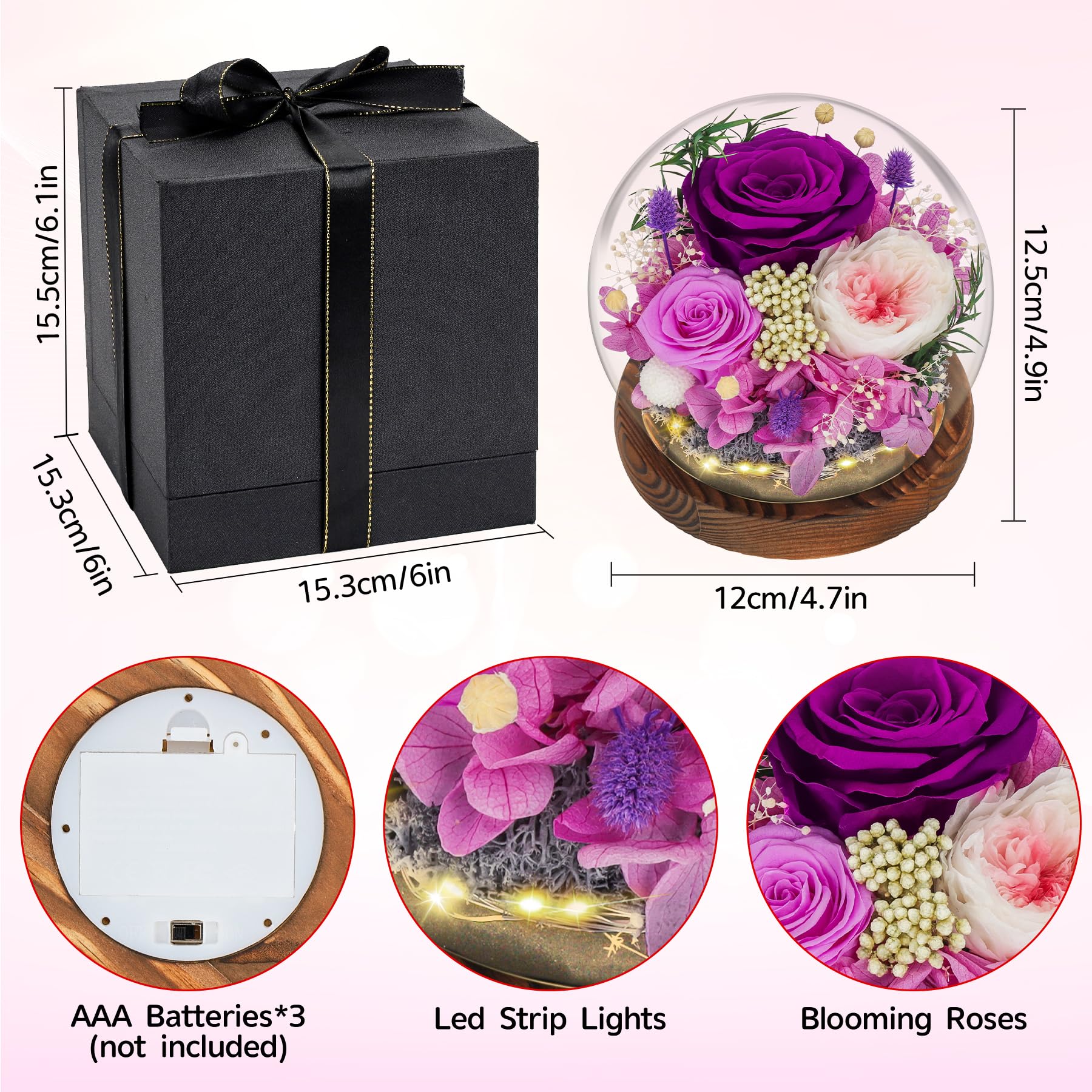 CSYY Rosa Eterna LED Luces Infinito Flor Preservada Bola de Cristal Vidrio Morado y Austin con Hortensias y Flores de Arroz para Mujeres Mamá Novia Esposa Día de Cumpleaños Púrpura