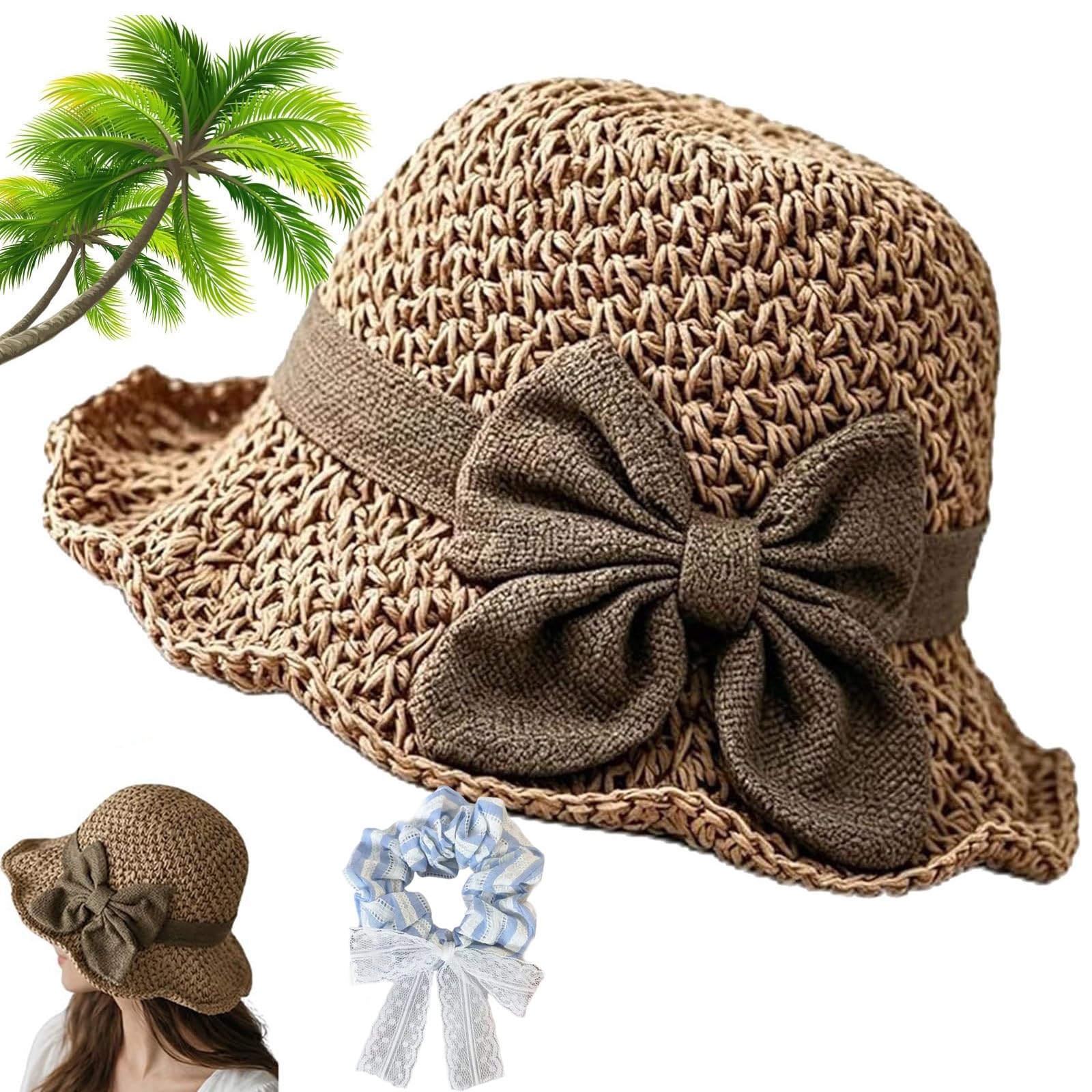 Gienslru Versatile Retro Woven Handmade Straw Hat with Ruffled Bow, Elegant Woven Straw Sun Hat, Straws Hats with Retro Bow, Uv Protection Ruffle Wide Brim Straws Bucket Hats (Khaki)