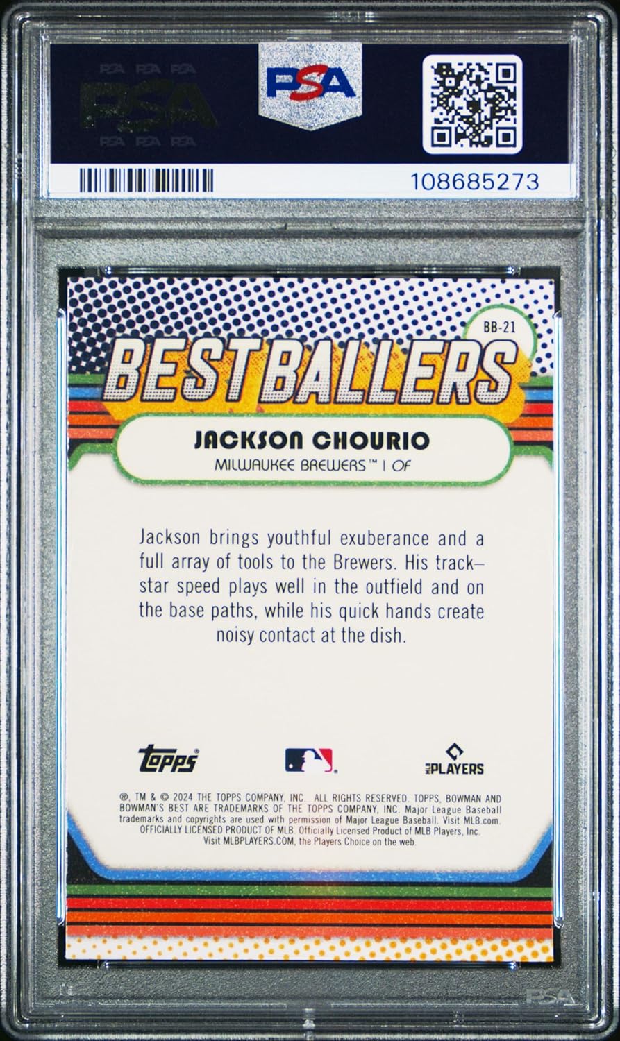 Graded 2024 Topps Bowmans Best Jackson Chourio #BB21 Best Ballers Rookie RC Baseball Card PSA 10 Gem Mint