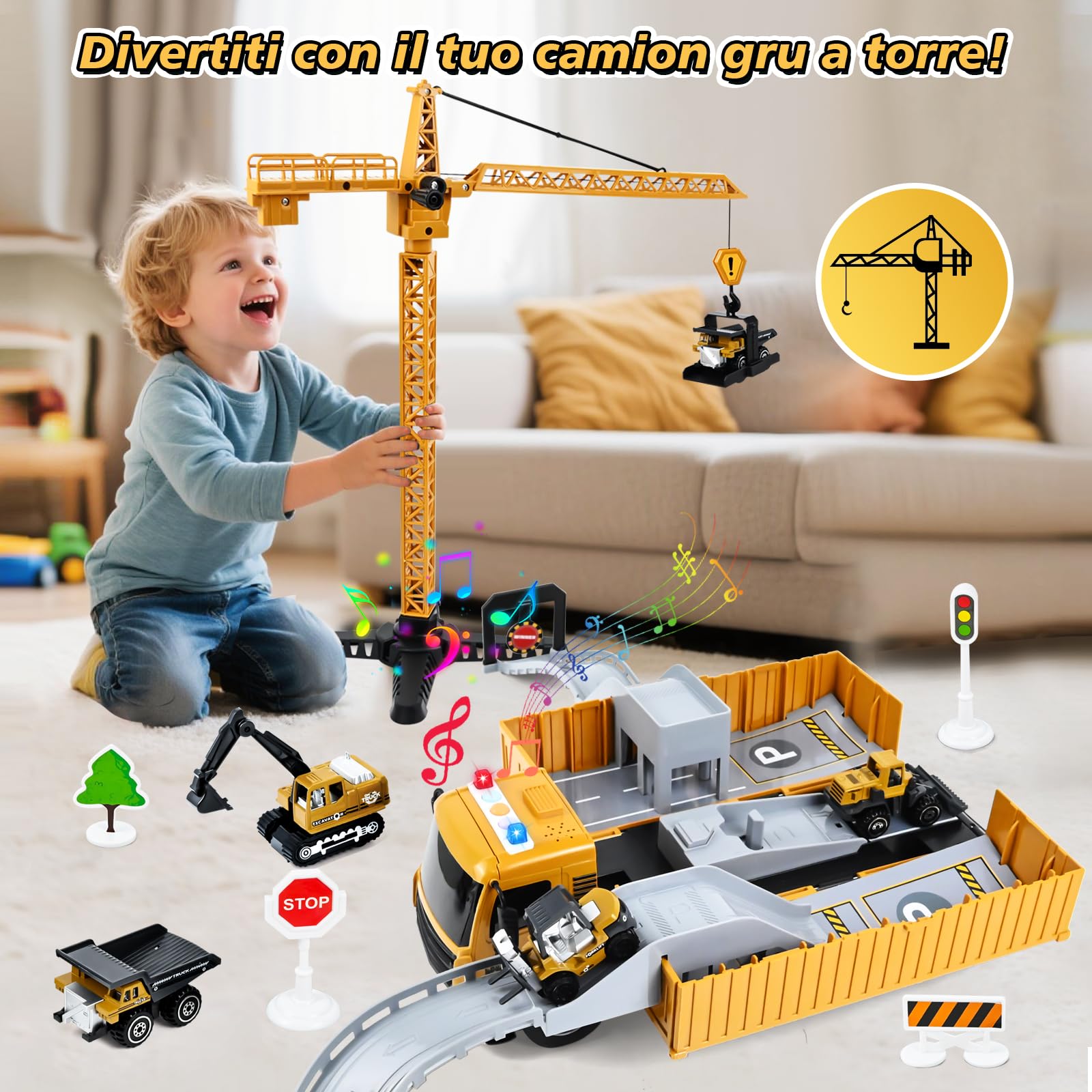 PATEMZON Veicoli Da Cantiere Giocattolo, Camion da Cantiere Giocattolo, Camion Pista Macchinine Gru Bisarca GiocattoloS con Escavatore Costruzione Bulldozer, Musica et Luce, Regalo Bambini 3+ anni