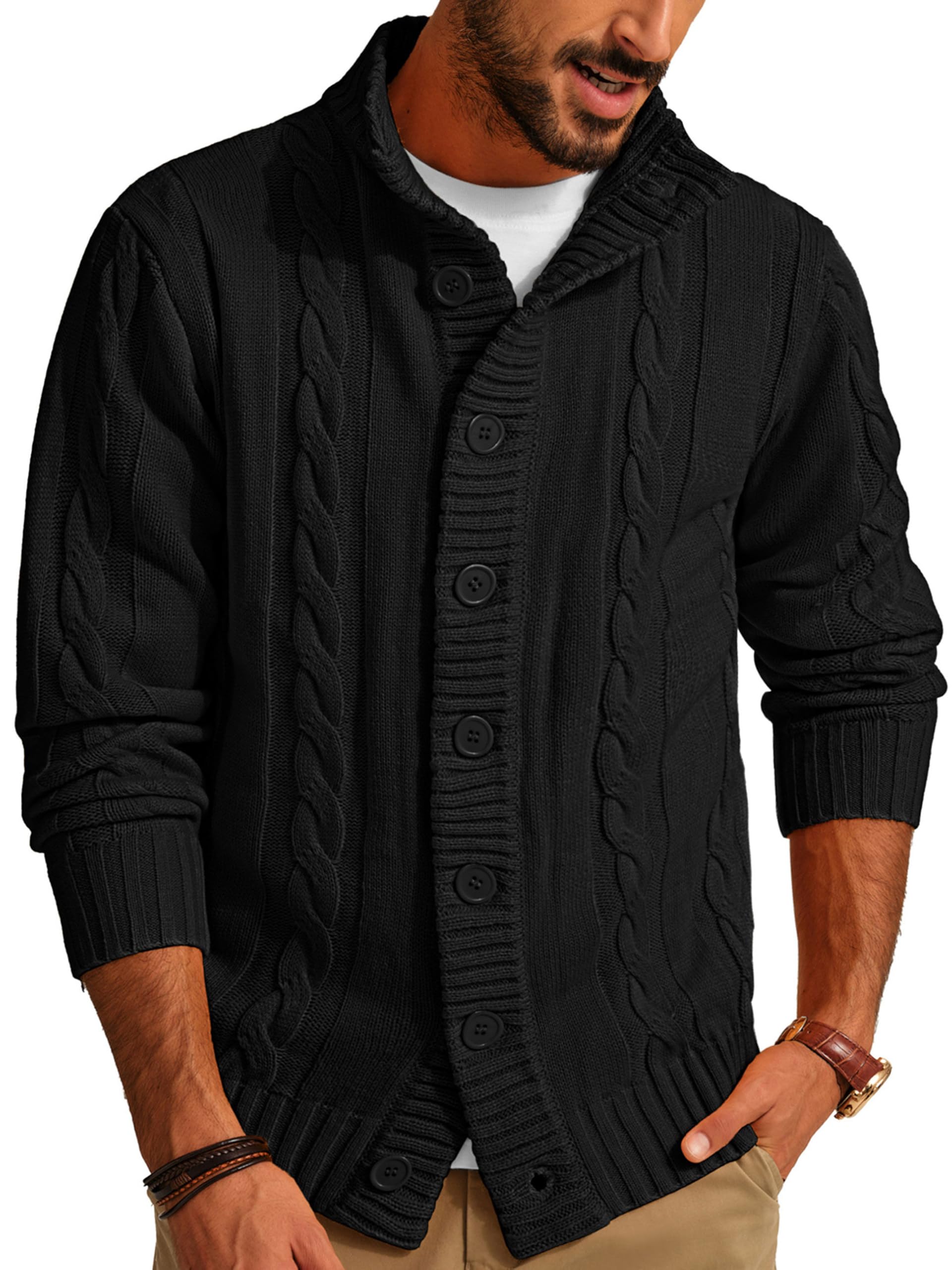 PJ PAUL JONES Chaqueta de punto para hombre con cierre de botones, diseño trenzado, con cuello alto acanalado, para otoño e invierno