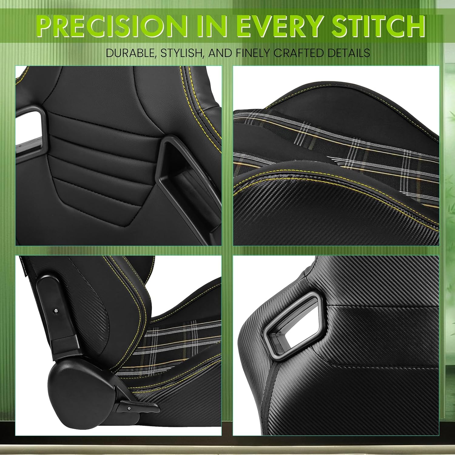 Universal Pairs of Racing Seat with Dual Sliders, PU Leather & Plaid Front+Carbon Leather Back Reclinable Bucket Seat, Black+Yellow Plaid w/LOGO