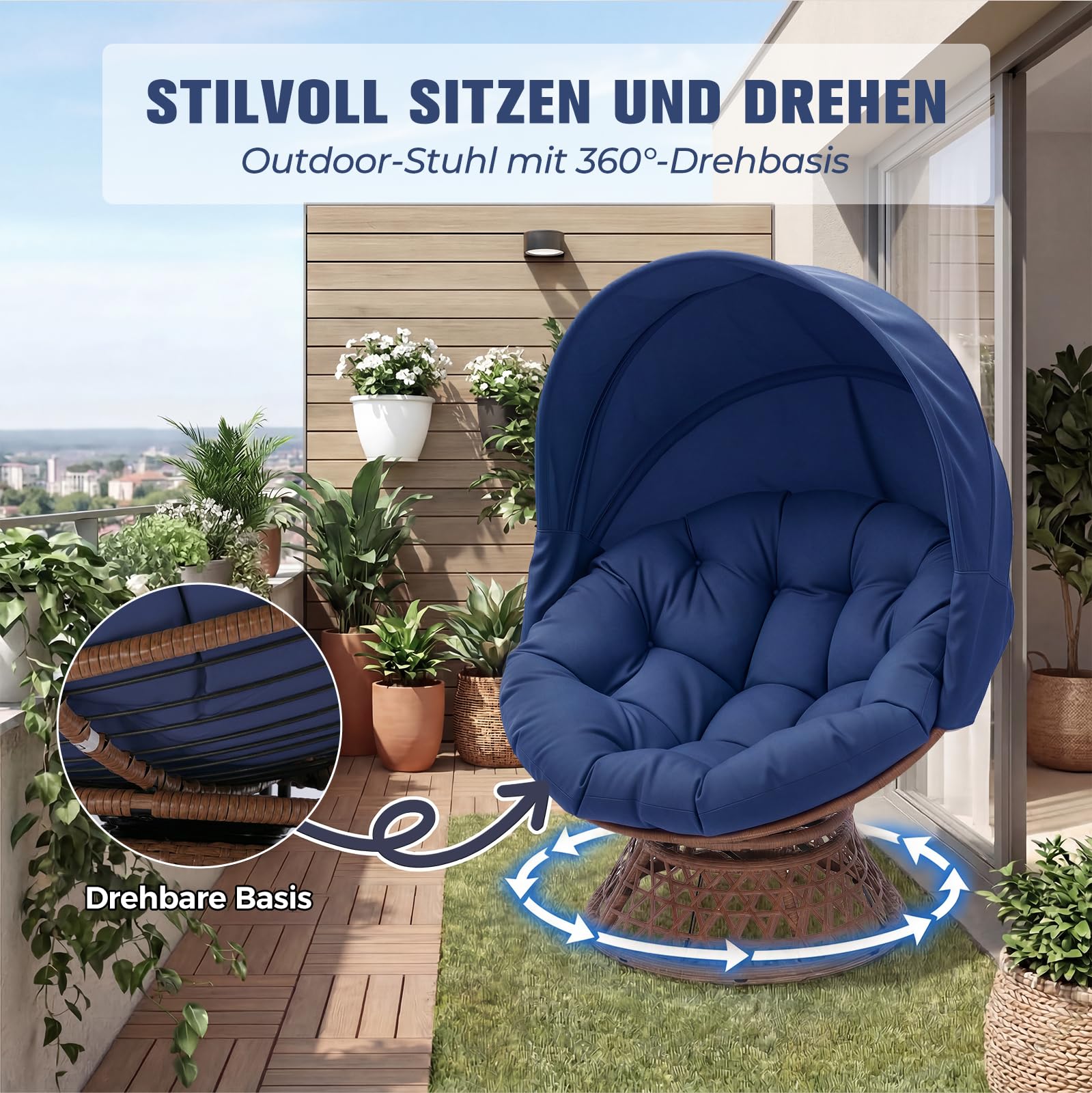 COMHOMA Papasansessel, gemütlicher Drehsessel mit Kissen rund, bequemer Rattansessel, Loungesessel drehbar, runder Relax Korbsessel Rattan für Wohnzimmer, Leseecke, Lounge - BLAU