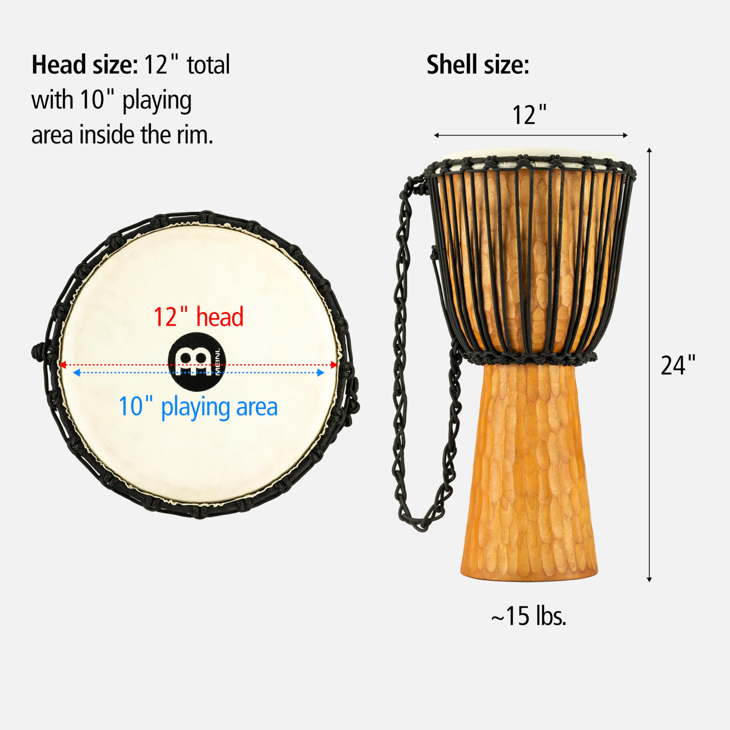 Meinl Percussion Djembe Nile À Cordes – Grande Percussion à Main – Avec Peau de Chèvre – Diamètre 12 pouces – Acajou, Naturel (HDJ4-L)