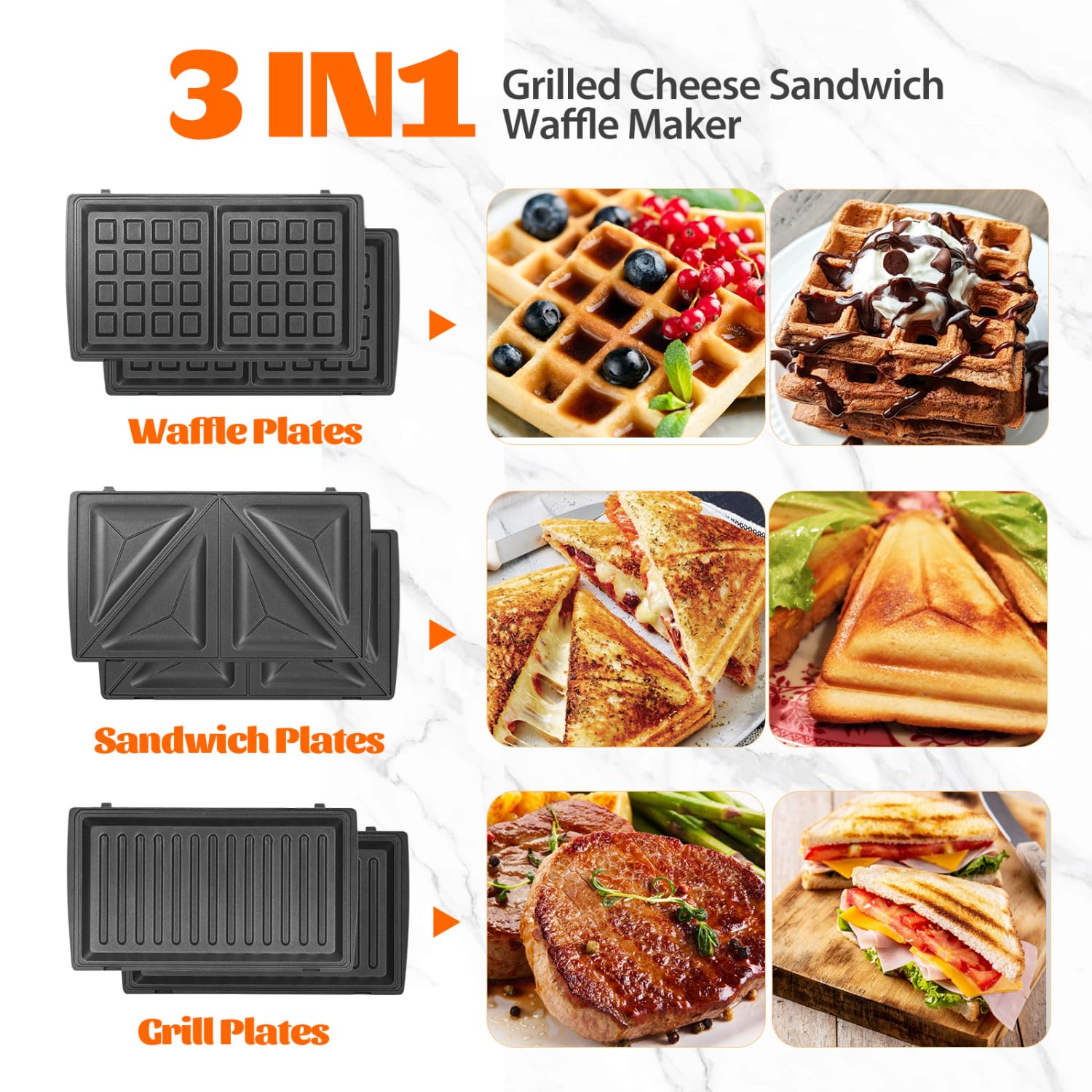 Aigostar Sandwich Maker Panini Press Grill, 3 in 1 Waffle Maker with Removable Non-stick Plates, Electric Grilled Cheese Maker, Portable Cool Touch Handle, Led Indicator Lights & Easy to Clean, 750W, view 2