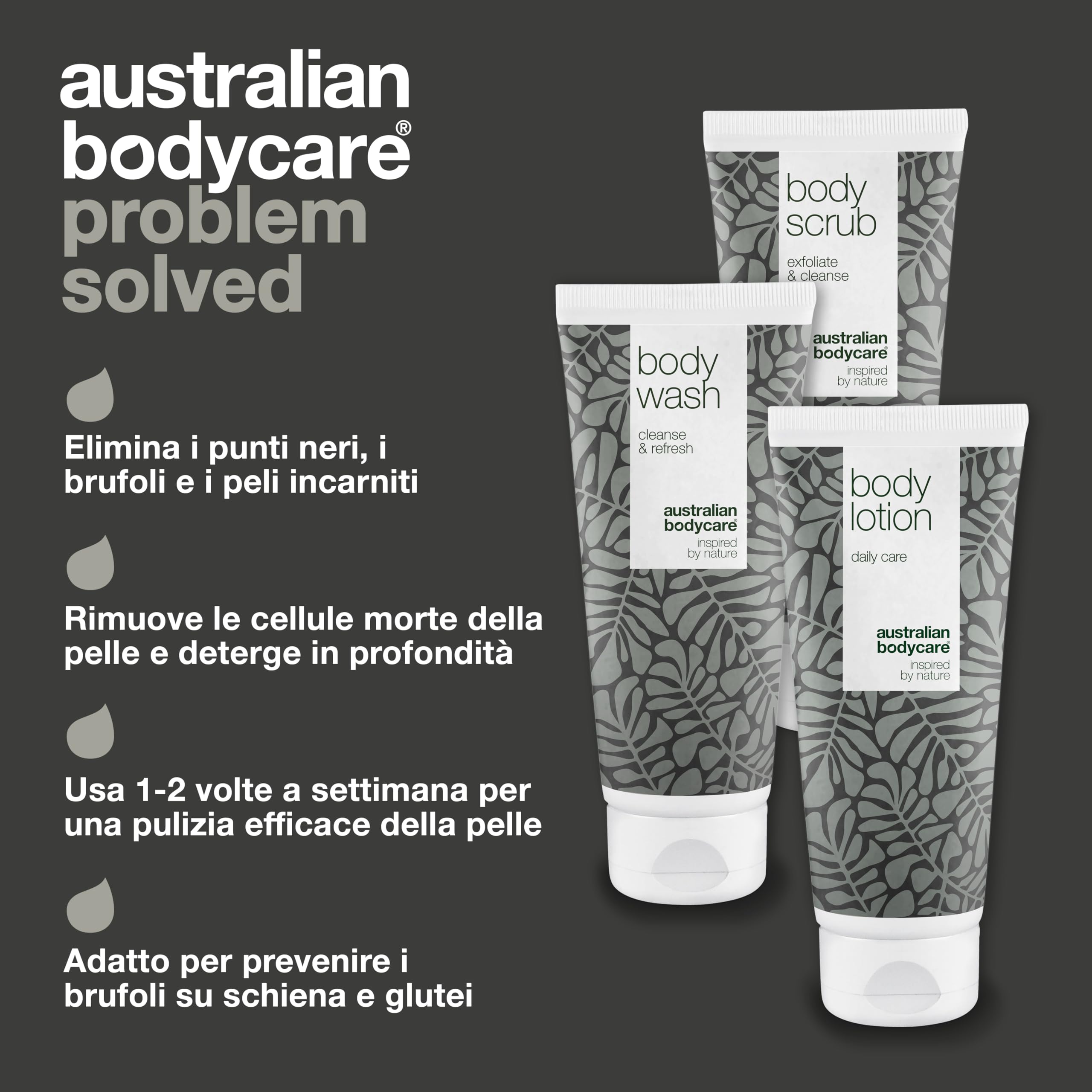 Australian Bodycare | Set di 3 prodotti corpo per brufoli e punti neri su schiena e glutei | Kit per l'acne al tea tree oil | Specifico per prevenire i problemi della pelle
