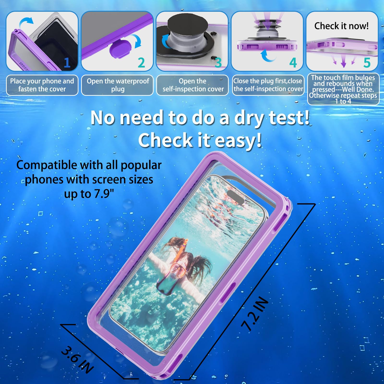 Funda impermeable de alta calidad, doble sellado, pantalla táctil subacuática, autocomprobación de fugas, 100 pies IPX8 + IP68, a prueba de polvo y caídas, funda impermeable de 7.9 pulgadas para