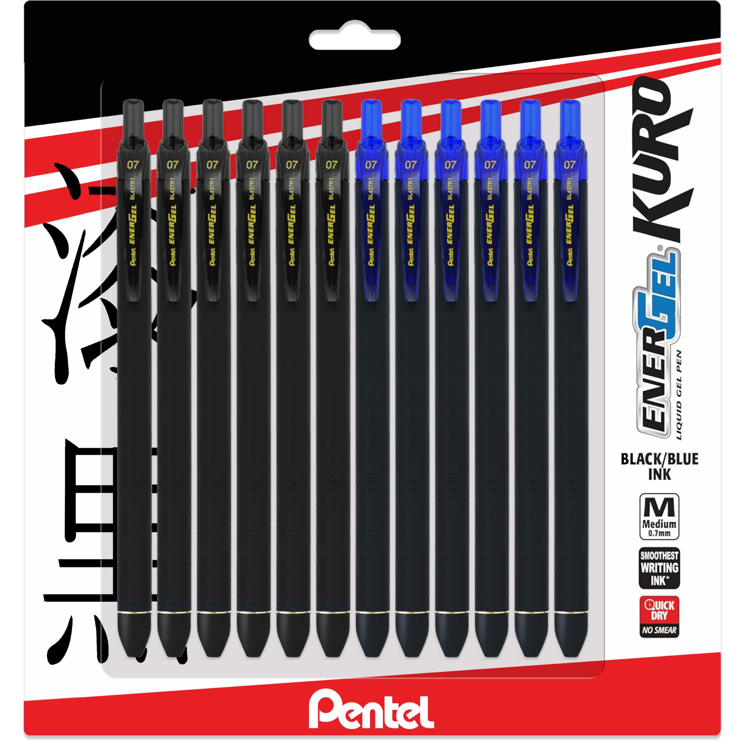 Energel 0.7 Kuro Gel Pen - Medium Line - 12 Pack Of 6 Black & 6 Blue